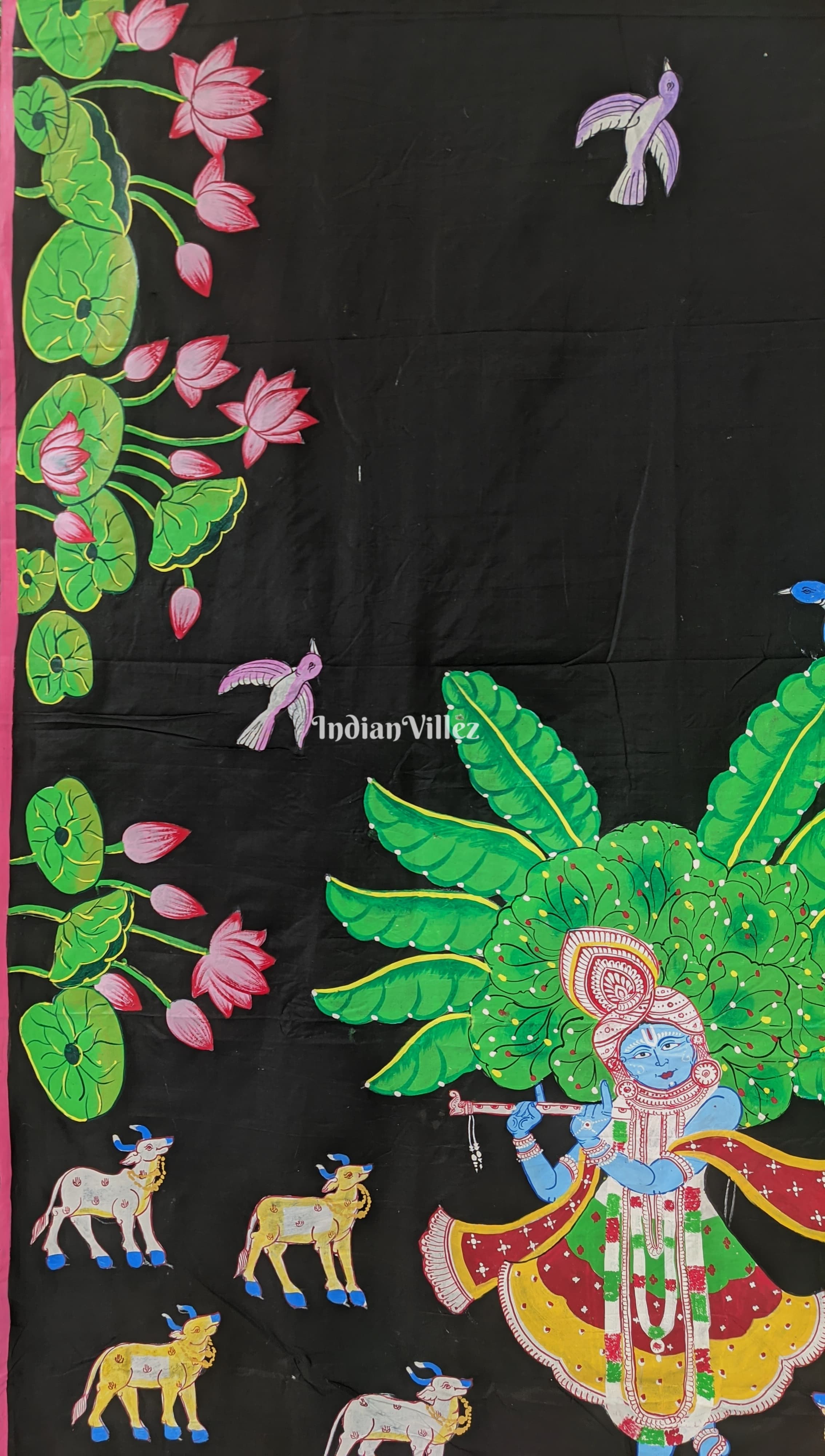 Black Pattachitra Pichwai Art on Mulberry Silk Saree