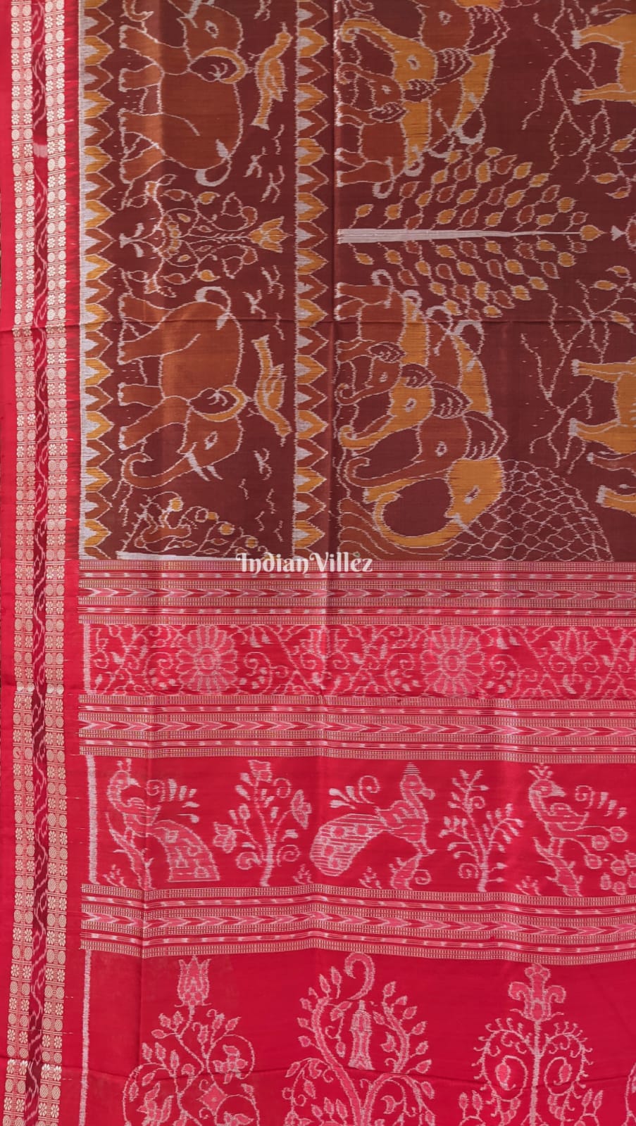 Russet & Red Animal Theme Sambalpuri Ikat Silk Saree