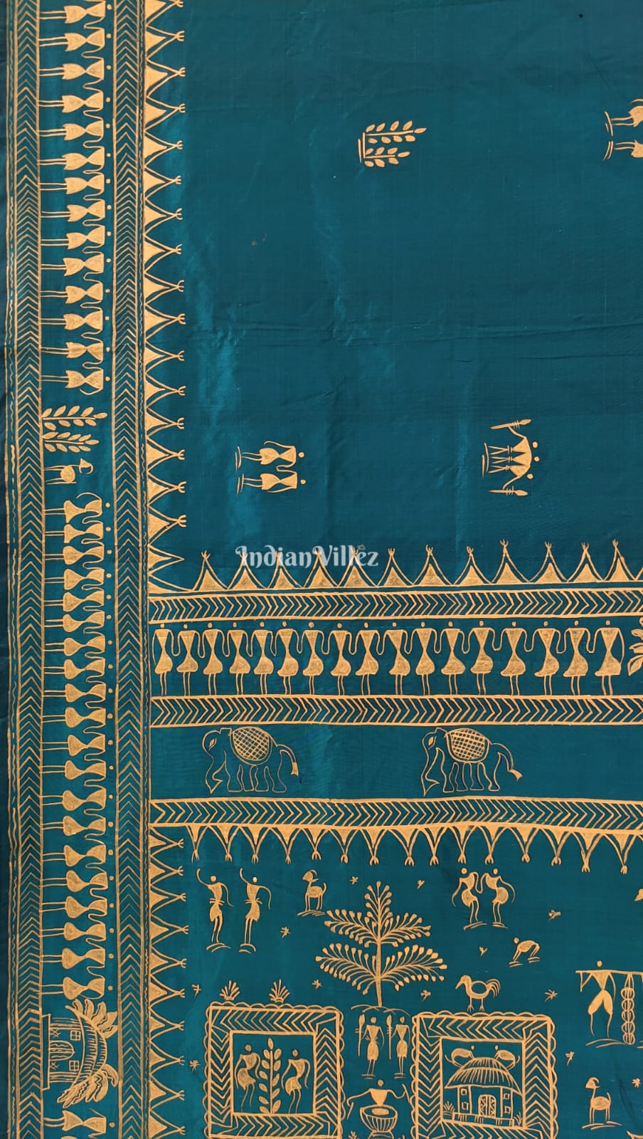 Peacock Blue Tribal Theme Pattachitra Silk Saree