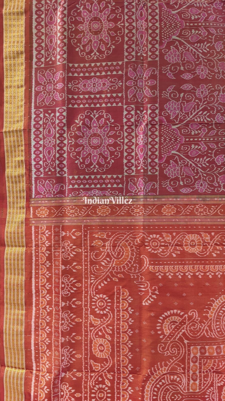 Maroon Pink Body Tissue Zari Sambalpuri Silk Saree
