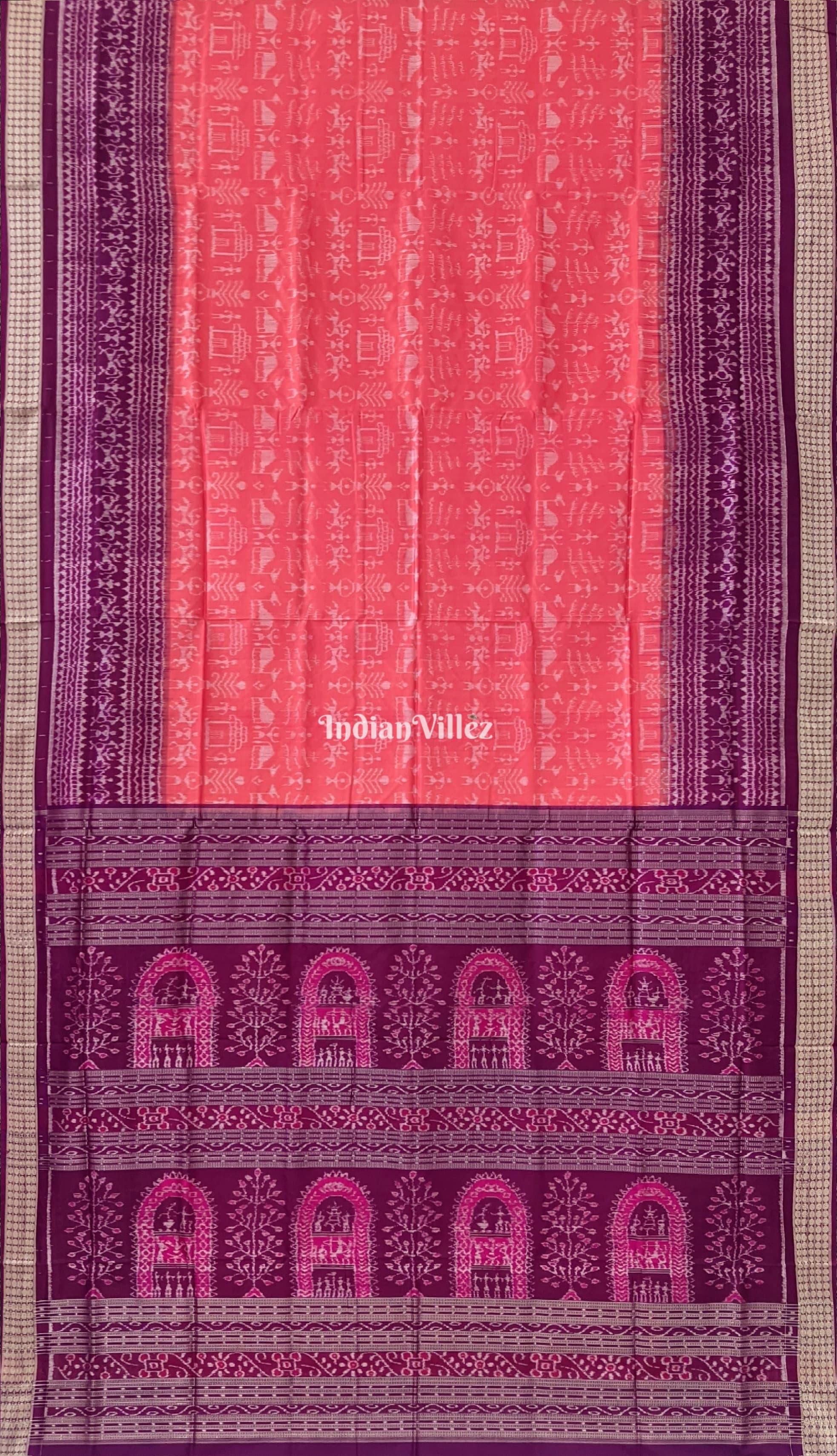 Orange Purple Odisha Ikat Tribal Theme Sambalpuri Silk Saree