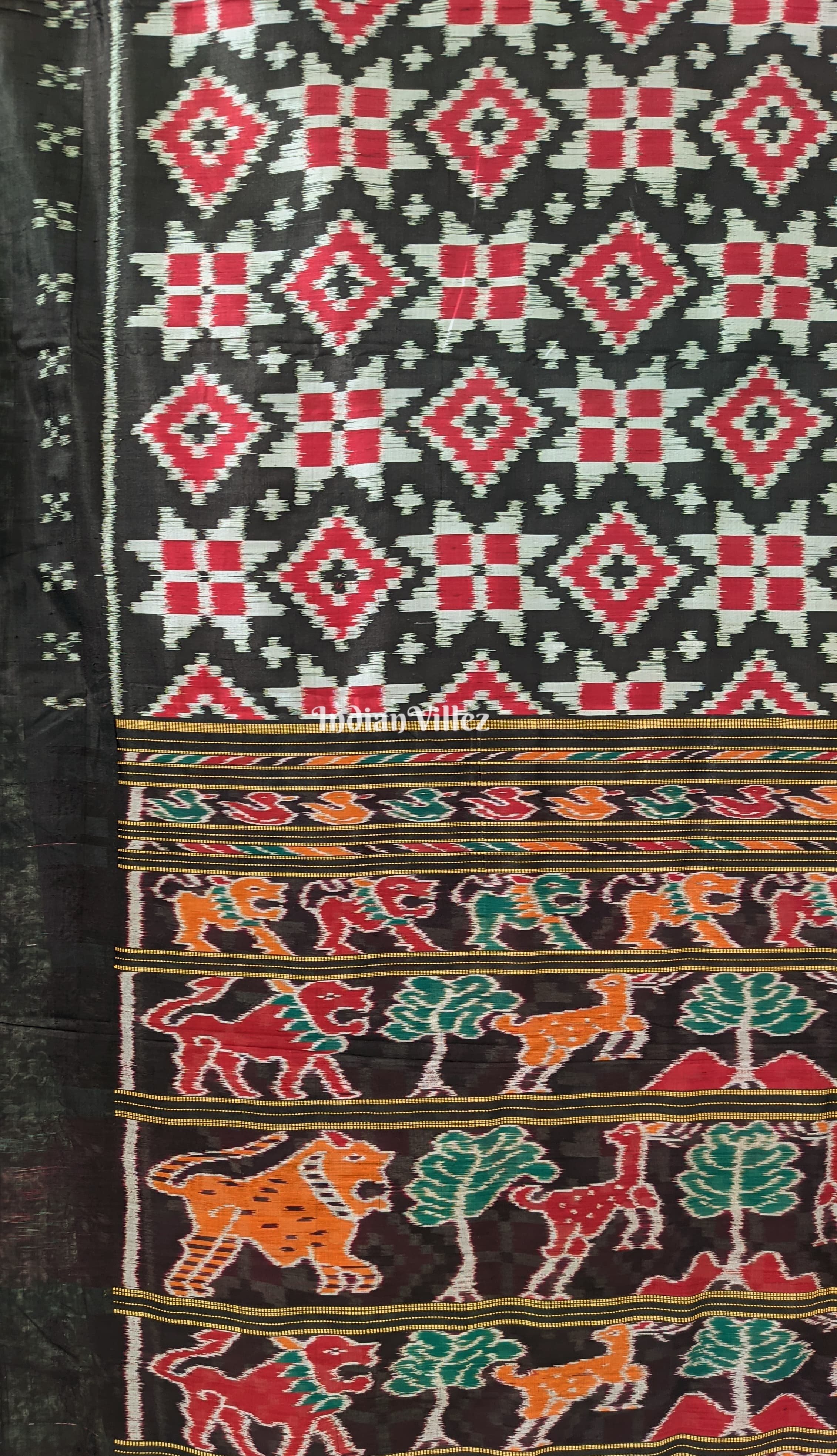 Black Red Pasapali Odisha Ikat Contemporary Silk Saree with Animal Anchal