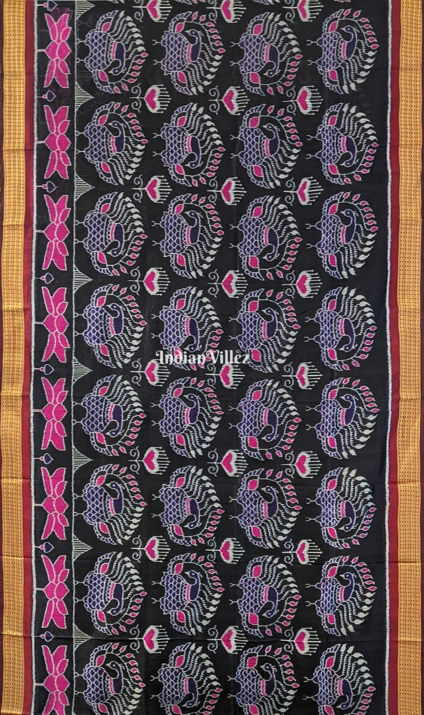 Black Lotus & Peacock Design Odisha Ikat Khandua Silk Saree