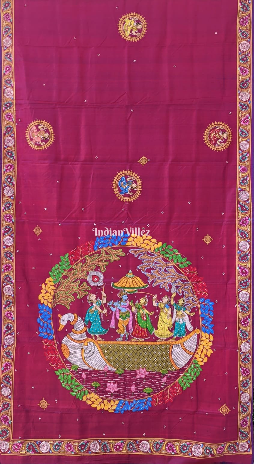 Maroon Radha Krishna Pattachitra Art Pure Silk Saree
