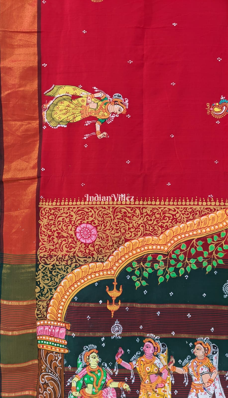 Red Green Nartaki Pattachitra Khadi Silk Saree