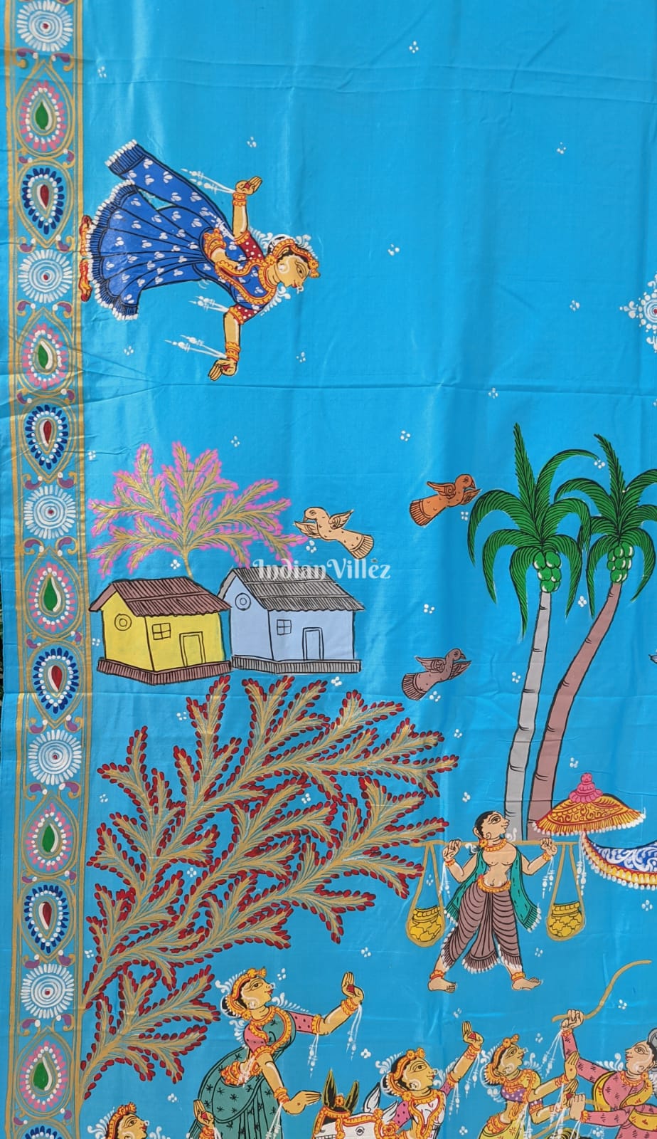 Sky Blue Mathura Vijay Theme Pattachitra Art on Pure Silk Saree
