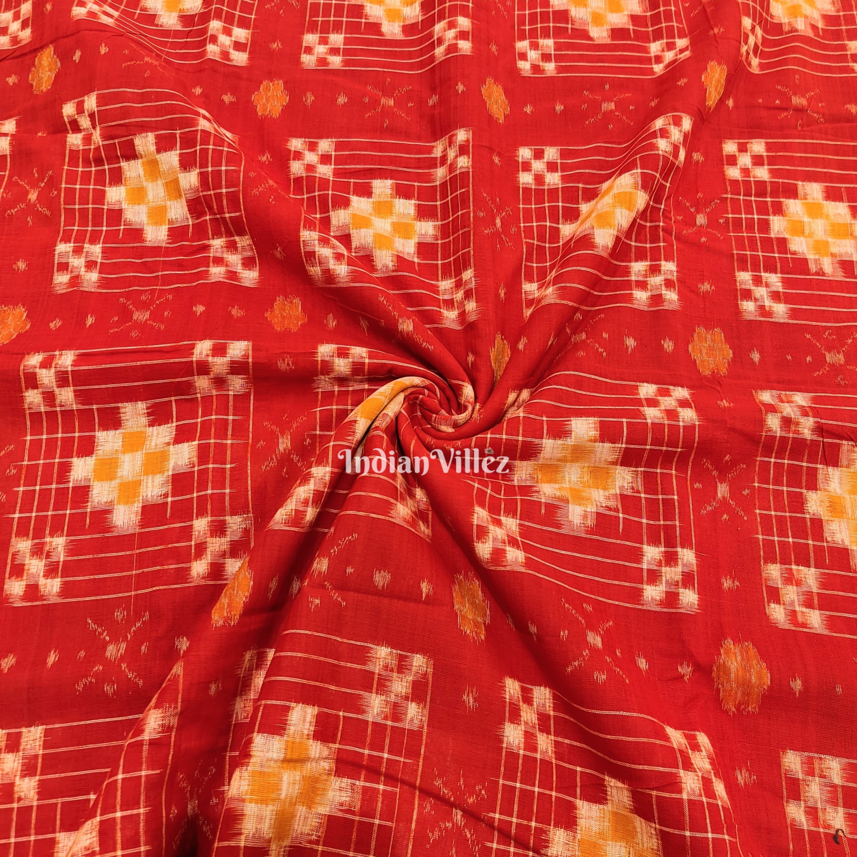 Red Pasapali Theme Sambalpuri Ikat Cotton Fabric