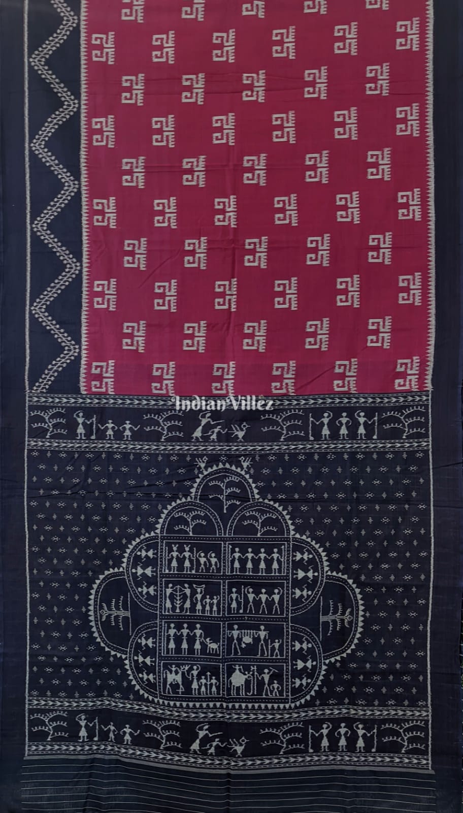 Wine Odisha Ikat Sambalpuri Cotton Saree with Tribal Anchal