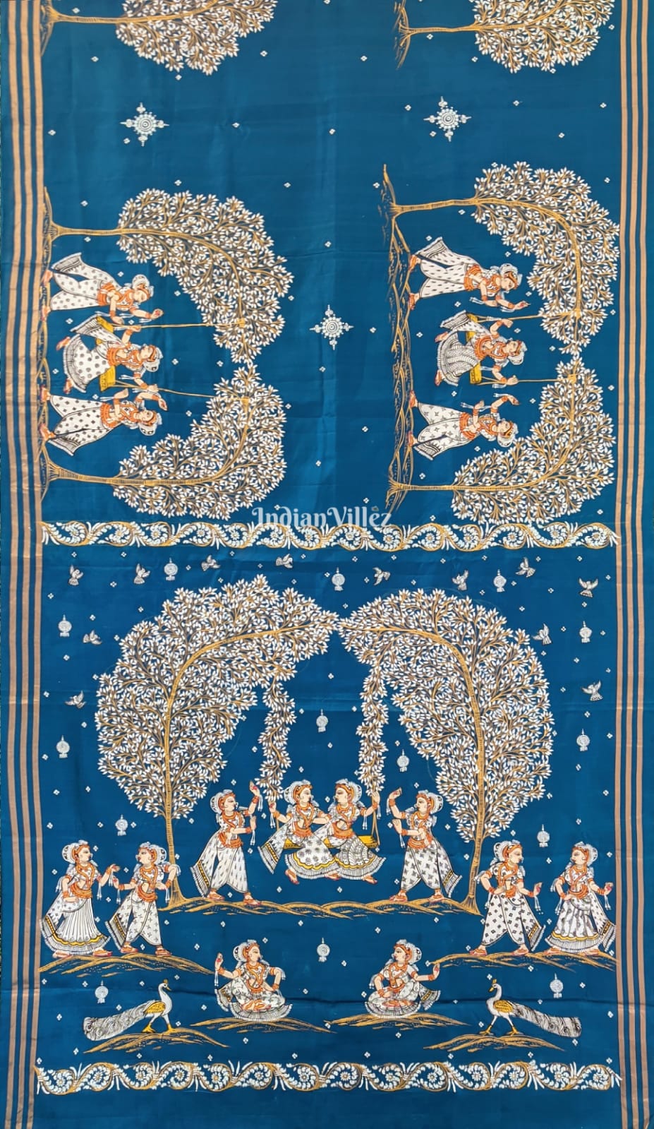 Sky Blue Vriksh Doli Barat Pattachitra on Kanjivaram Silk Saree