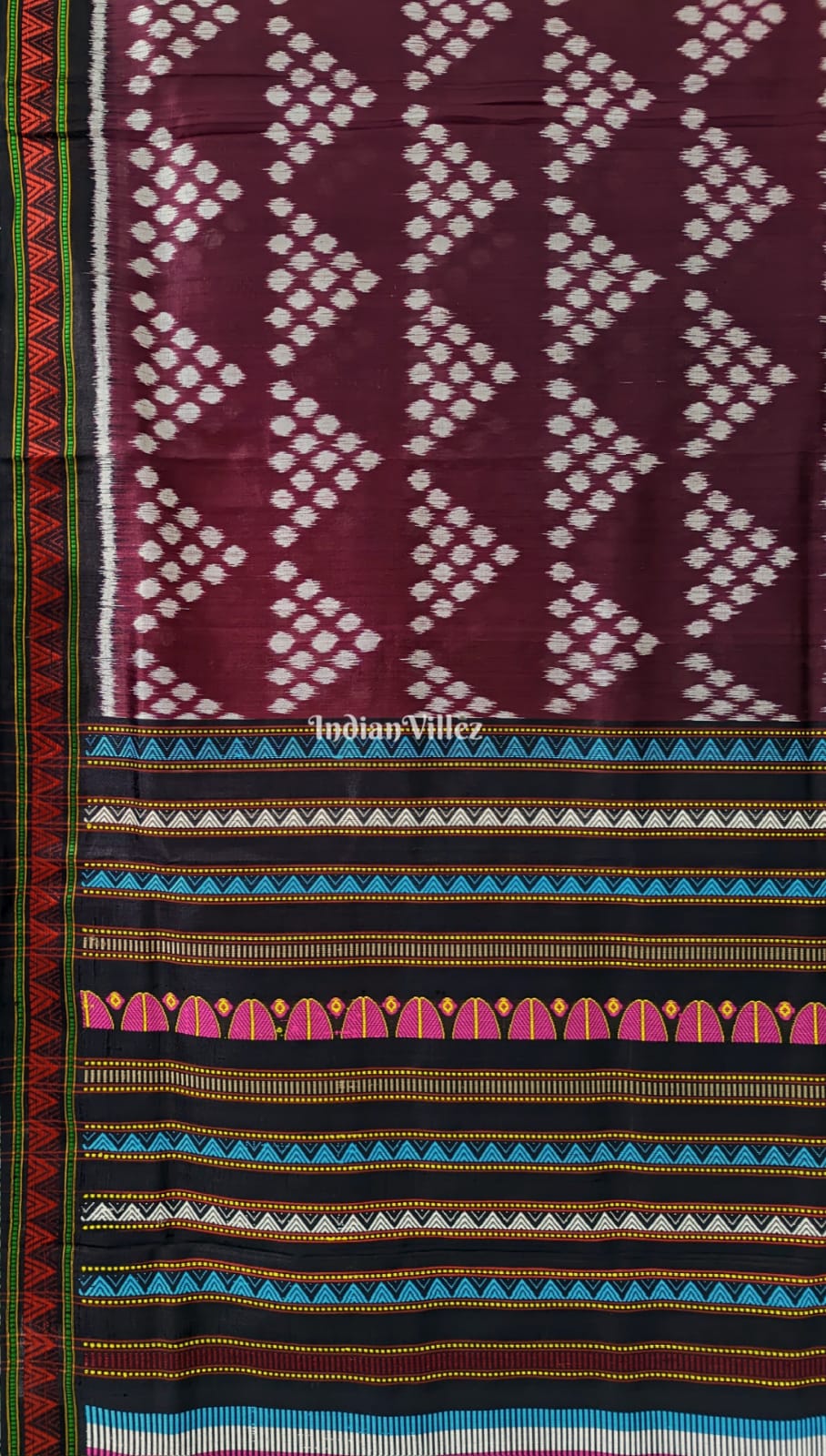 Wine Jhoti Contemporary Sambalpuri Ikat Silk Saree with Dongria Border and Pallu