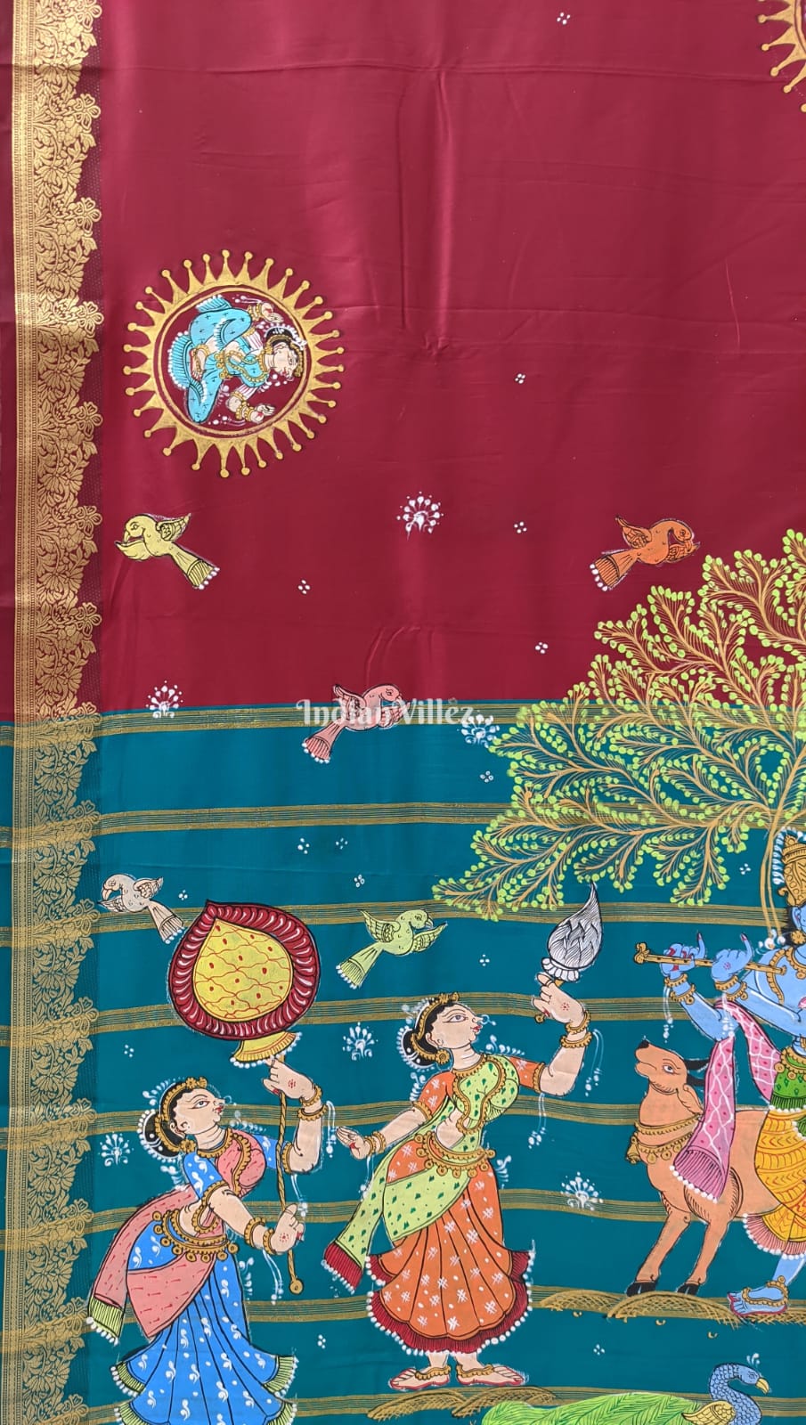 Maroon Radha Krisha Pattachitra Art on Kerala Silk Saree