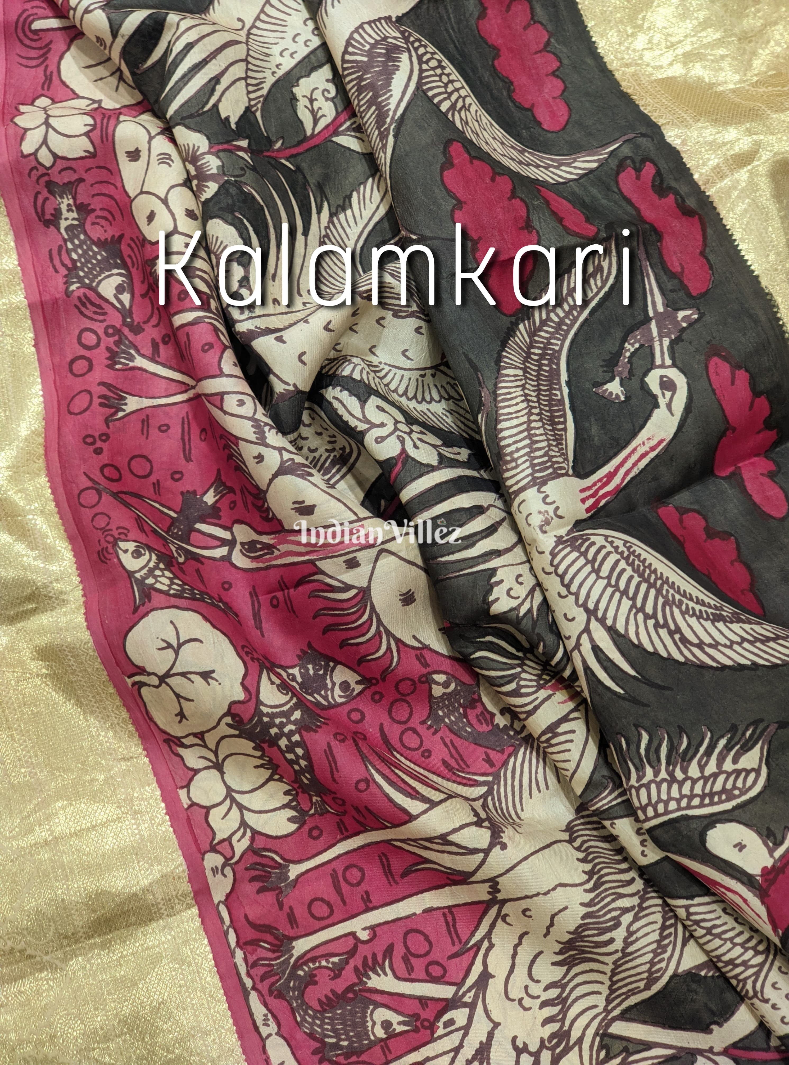 Multicolour Hand-Painted Kanjivaram Silk Kalamkari Saree