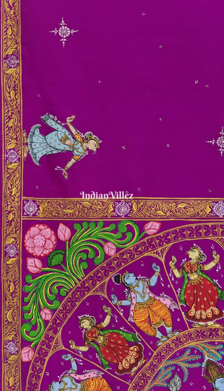 Magenta Krushna Leela Hand-Painted Pattachitra Silk Saree