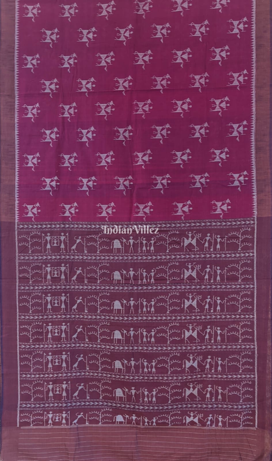 Wine Tribal Theme Sambalpuri Ikat Cotton Saree