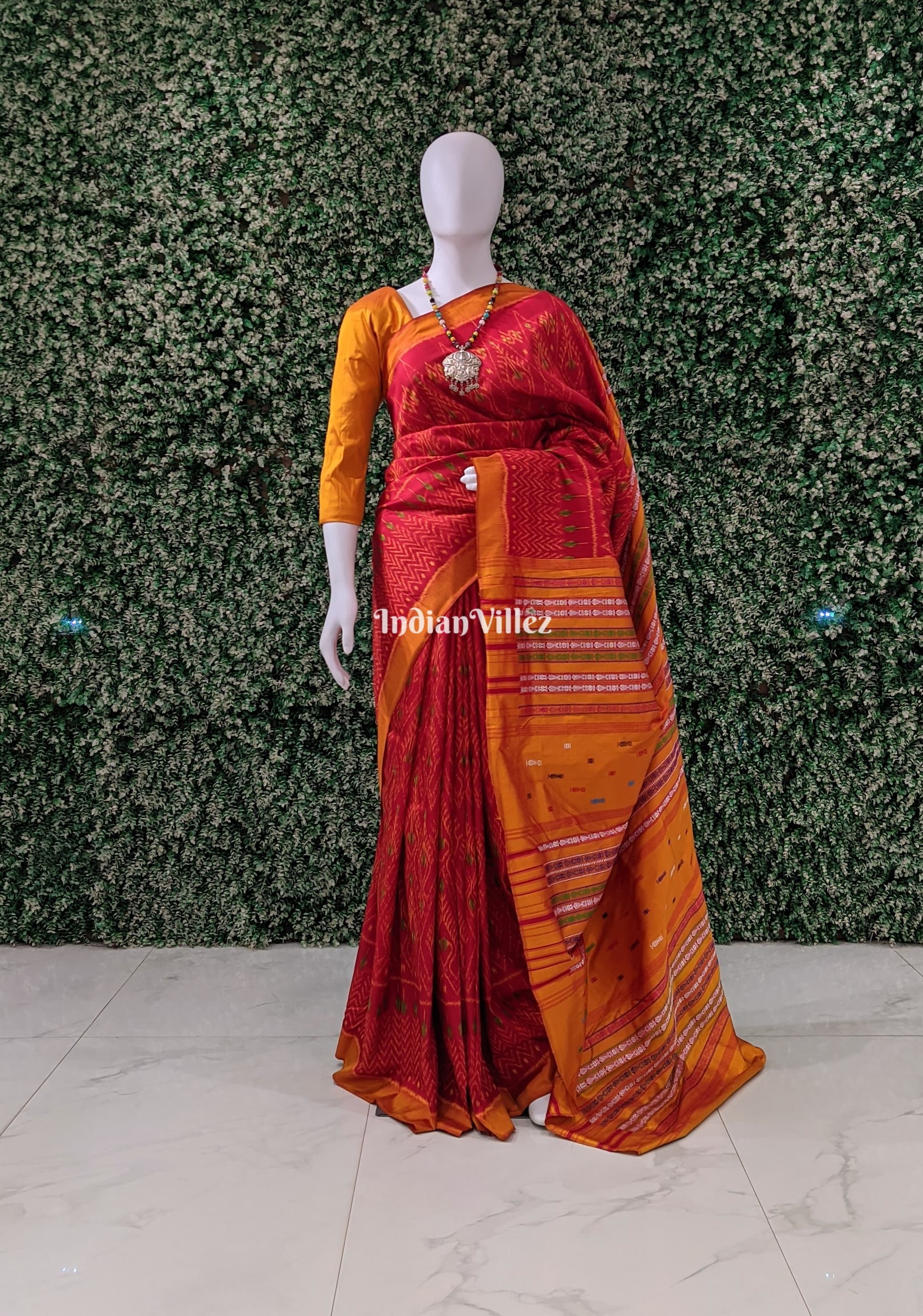 Red Cambodian Ikat Inspired Contemporary Silk Saree