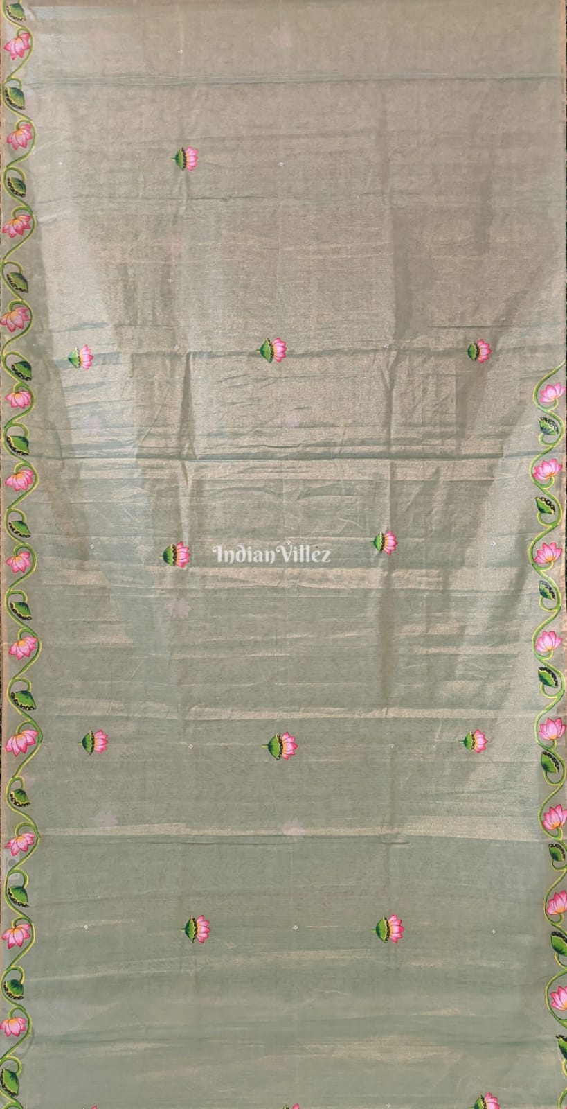 Pista Green Dual Tone Shrinathji Pichwai Art on Kerala Tissue Saree