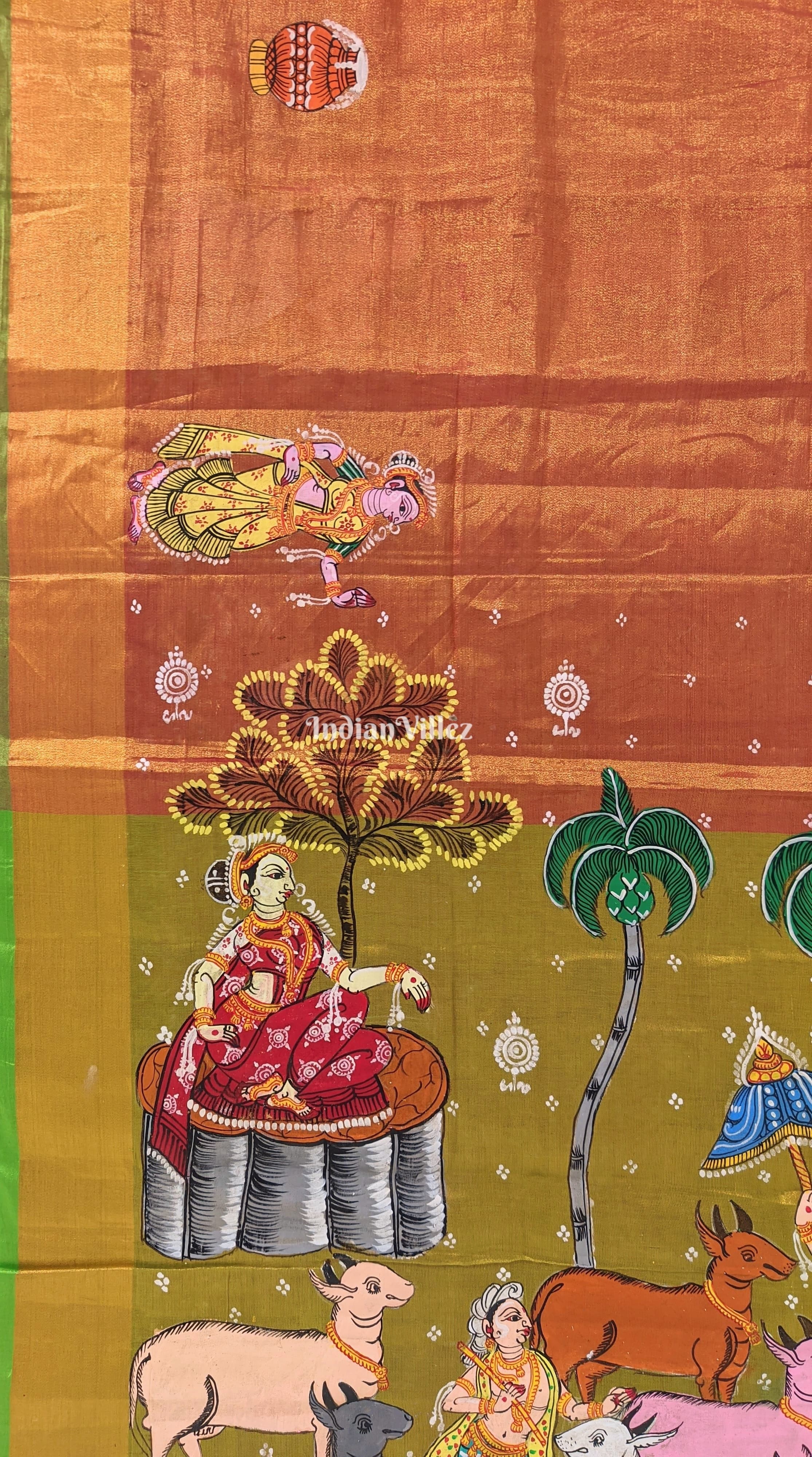 Golden Dualtone Krishna Pattachitra Tissue Saree