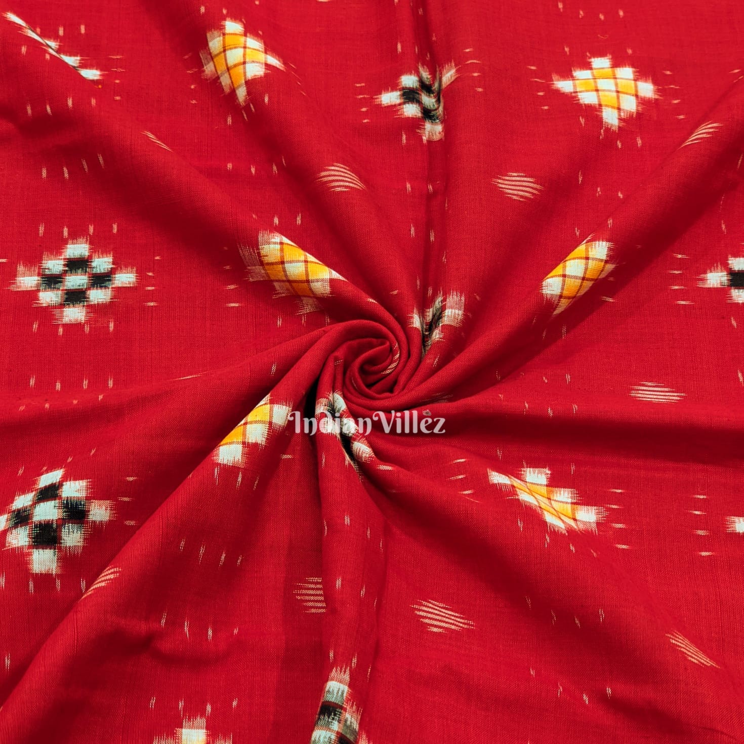 Red Pasapali Sambalpuri Ikat Cotton Fabric