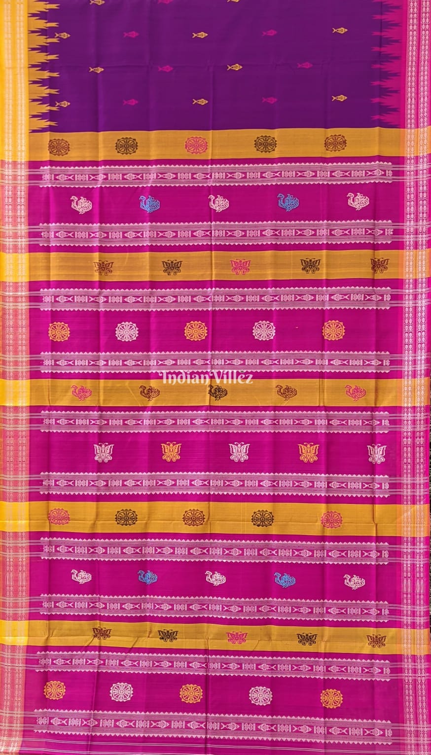 Purple Yellow Pink Double Palla Berhampuri Silk Saree with Fish Motif