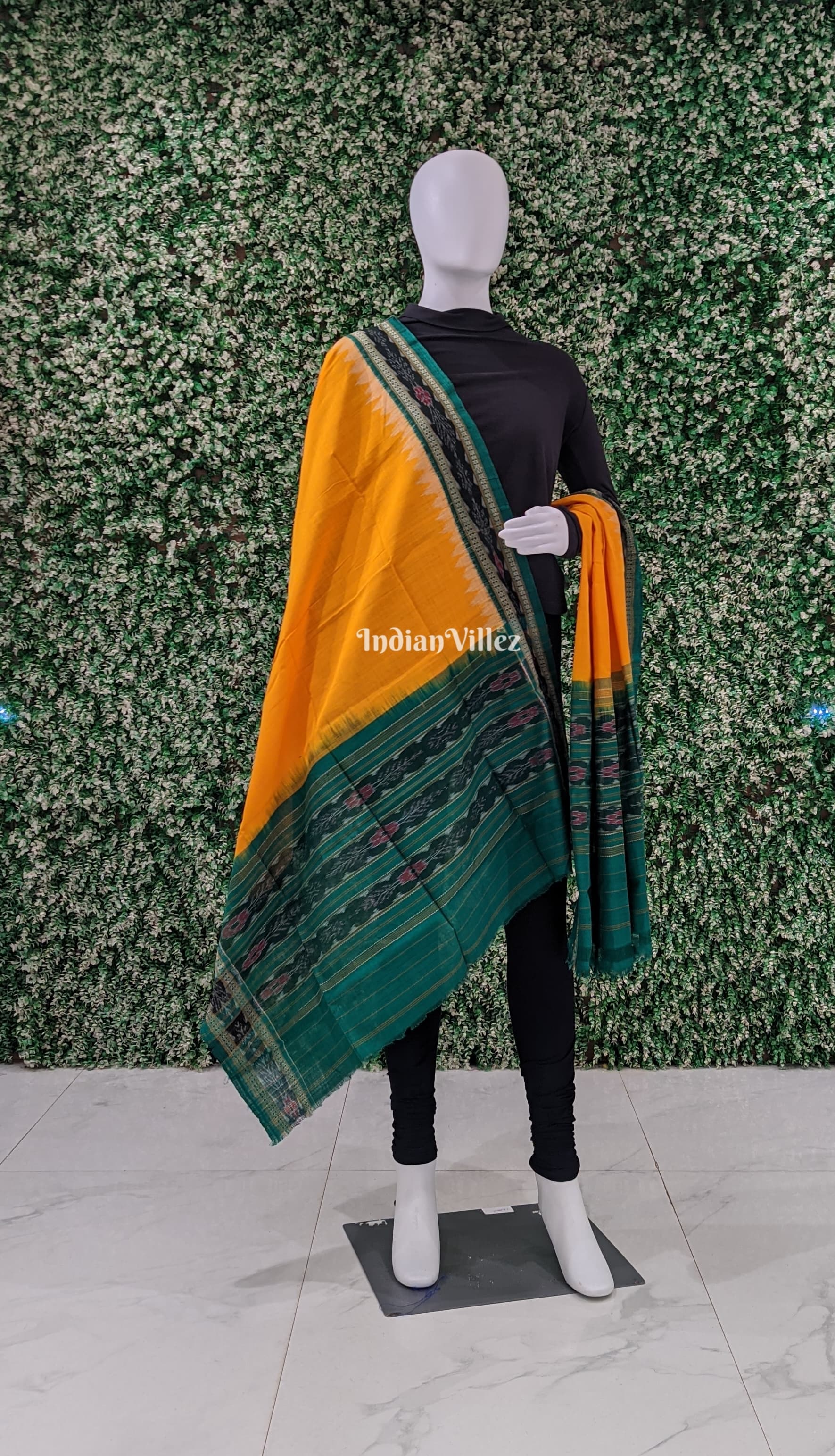 Yellow Green Handwoven Odisha Ikat Cotton Dupatta
