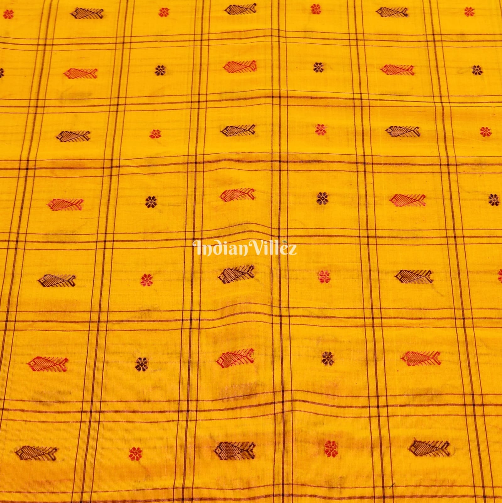 Yellow Fish & Flower Motif Odisha Ikat Bomkai Cotton Fabric