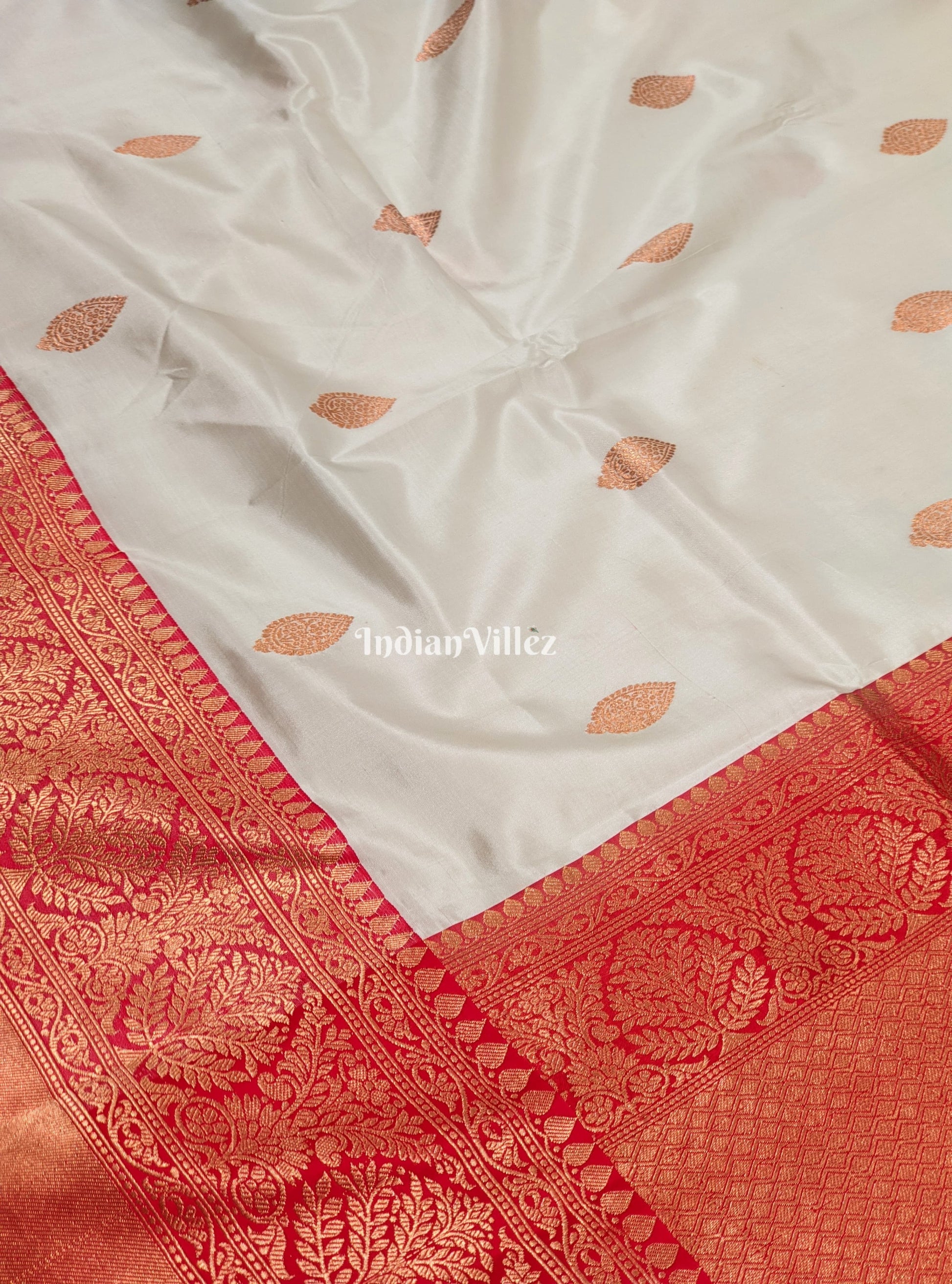 White Red Banarasi Katan Silk Saree