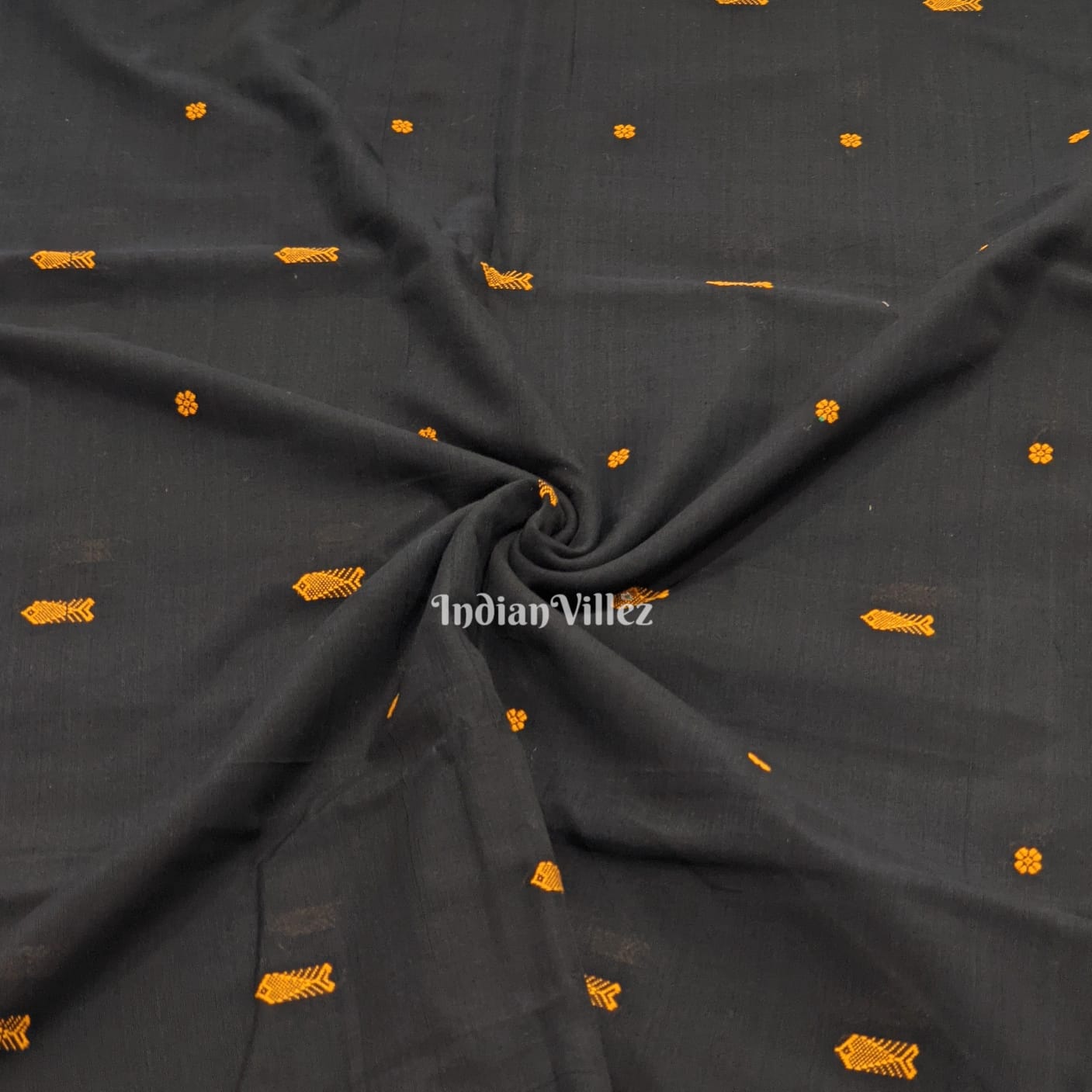 Black Fish & Flower Motif Odisha Ikat Bomkai Cotton Fabric
