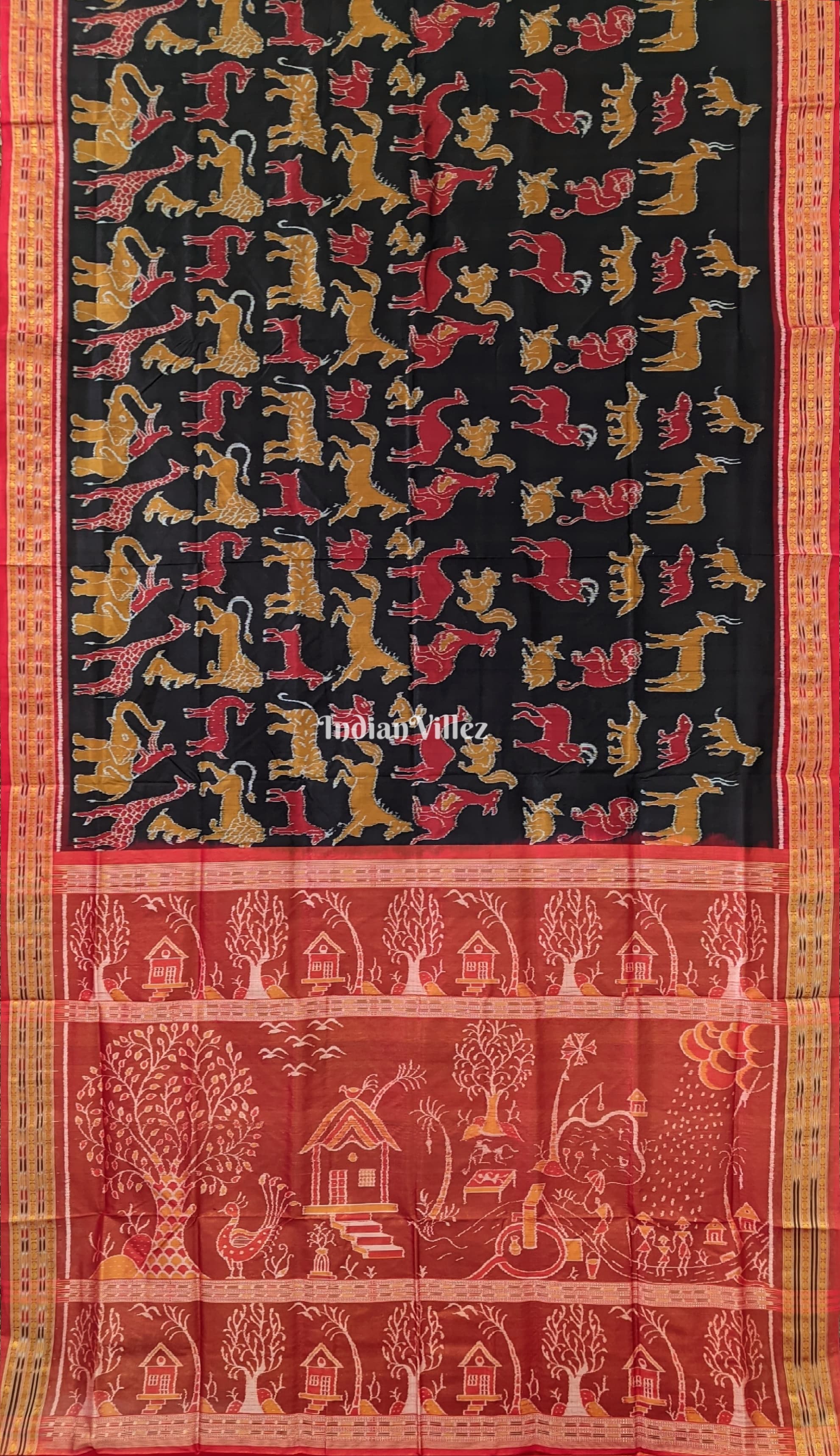 Black Jungle and Animal Theme Sambalpuri Silk Saree