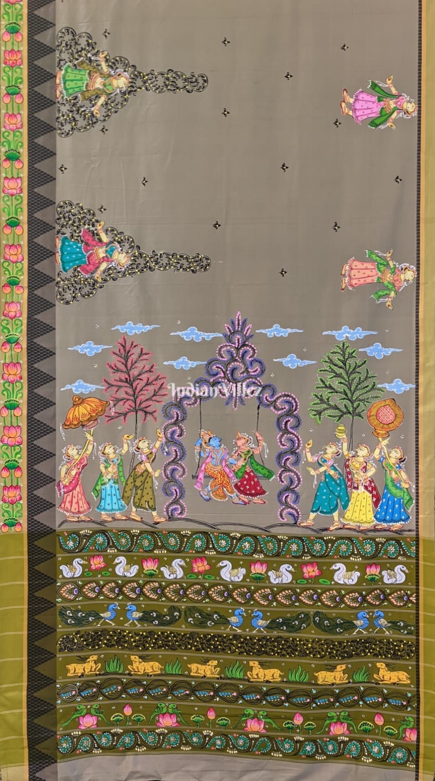 Moss Green Krishna Leela Pattachitra Art on Kerala Silk Saree