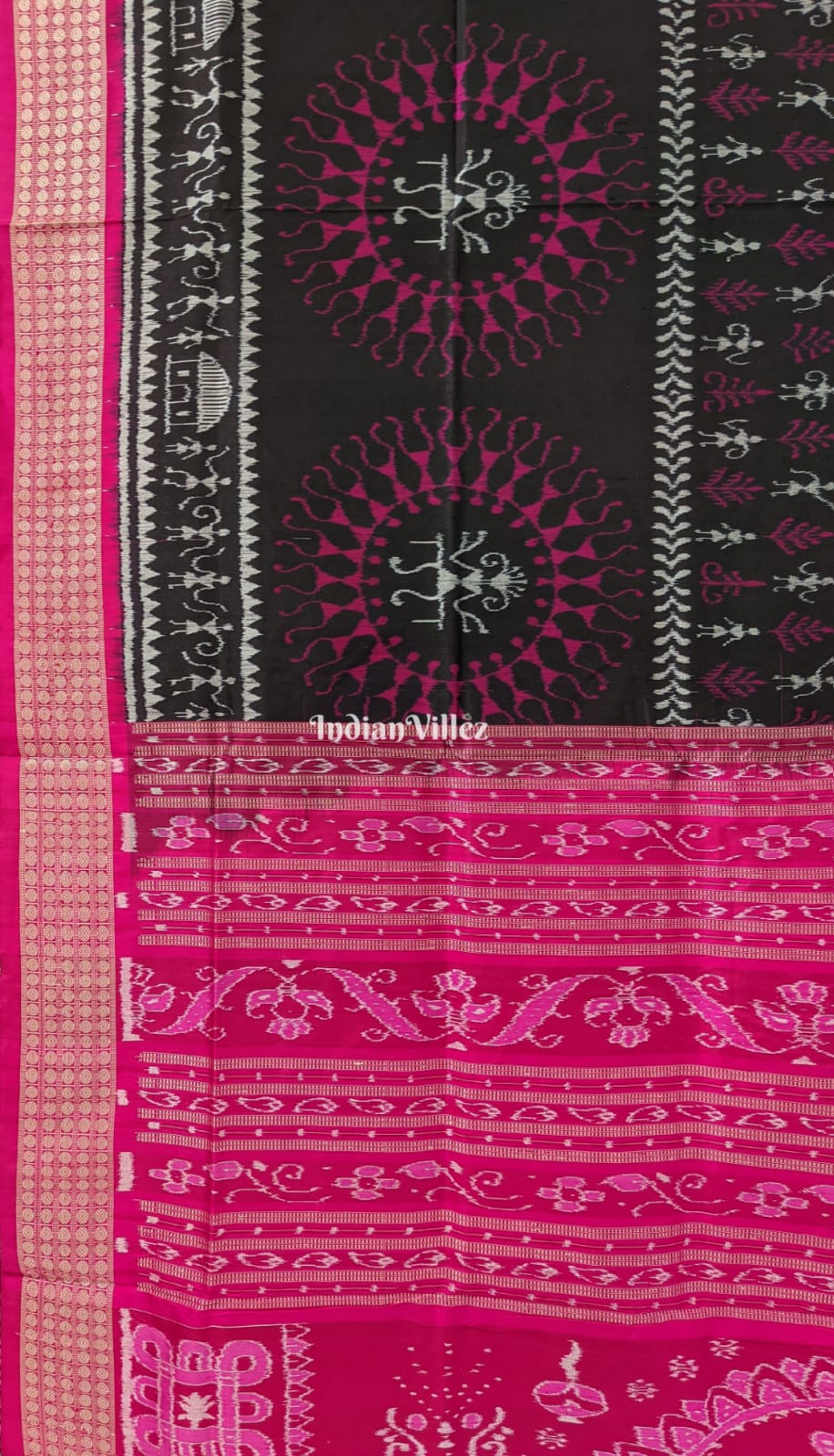 Black Pink Tribal Theme Sambalpuri Ikat Silk Saree