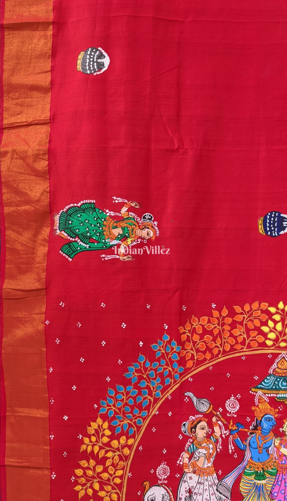 Red Grey Radha Krishna Pattachitra on Kerala Silk Saree