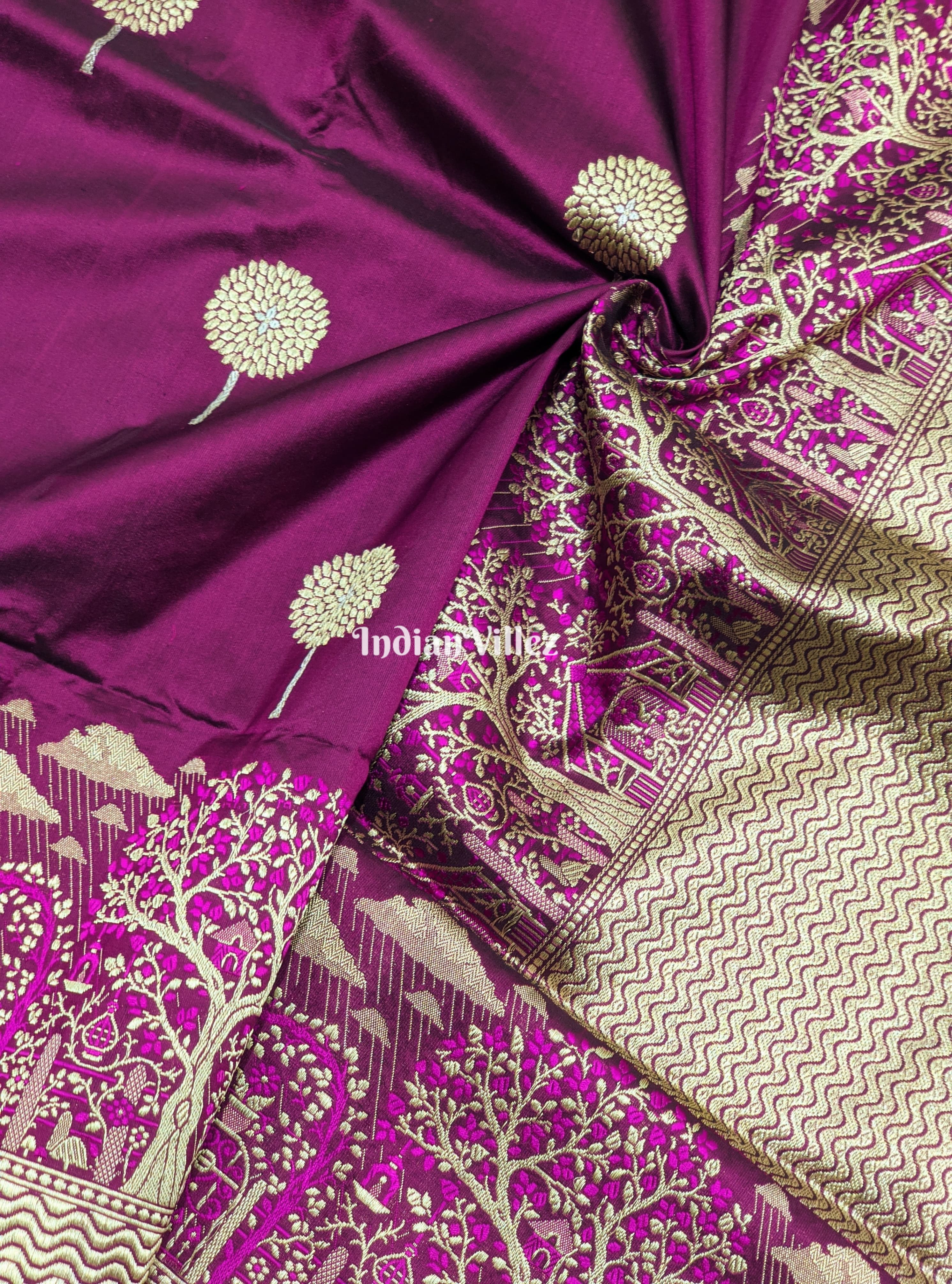 Tyrian Purple Threadwork Banarasi Katan Silk Saree