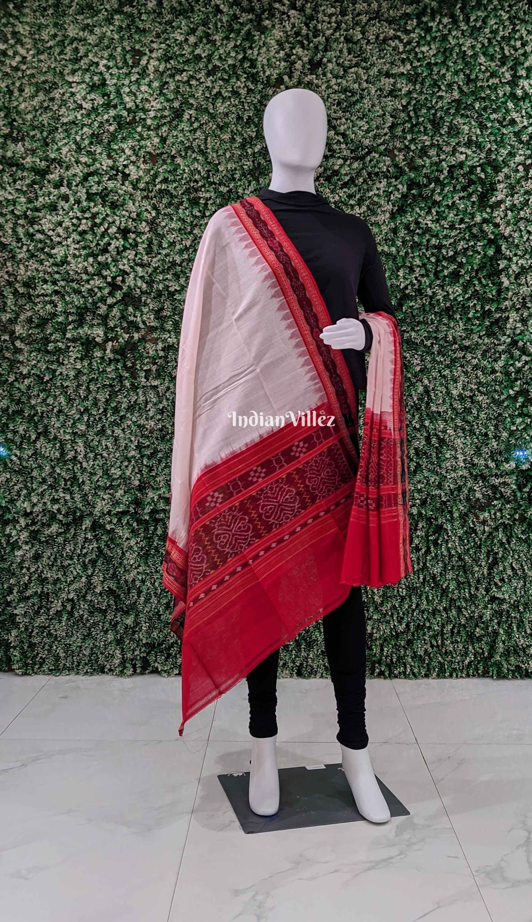 White Red Handwoven Odisha Ikat Cotton Dupatta