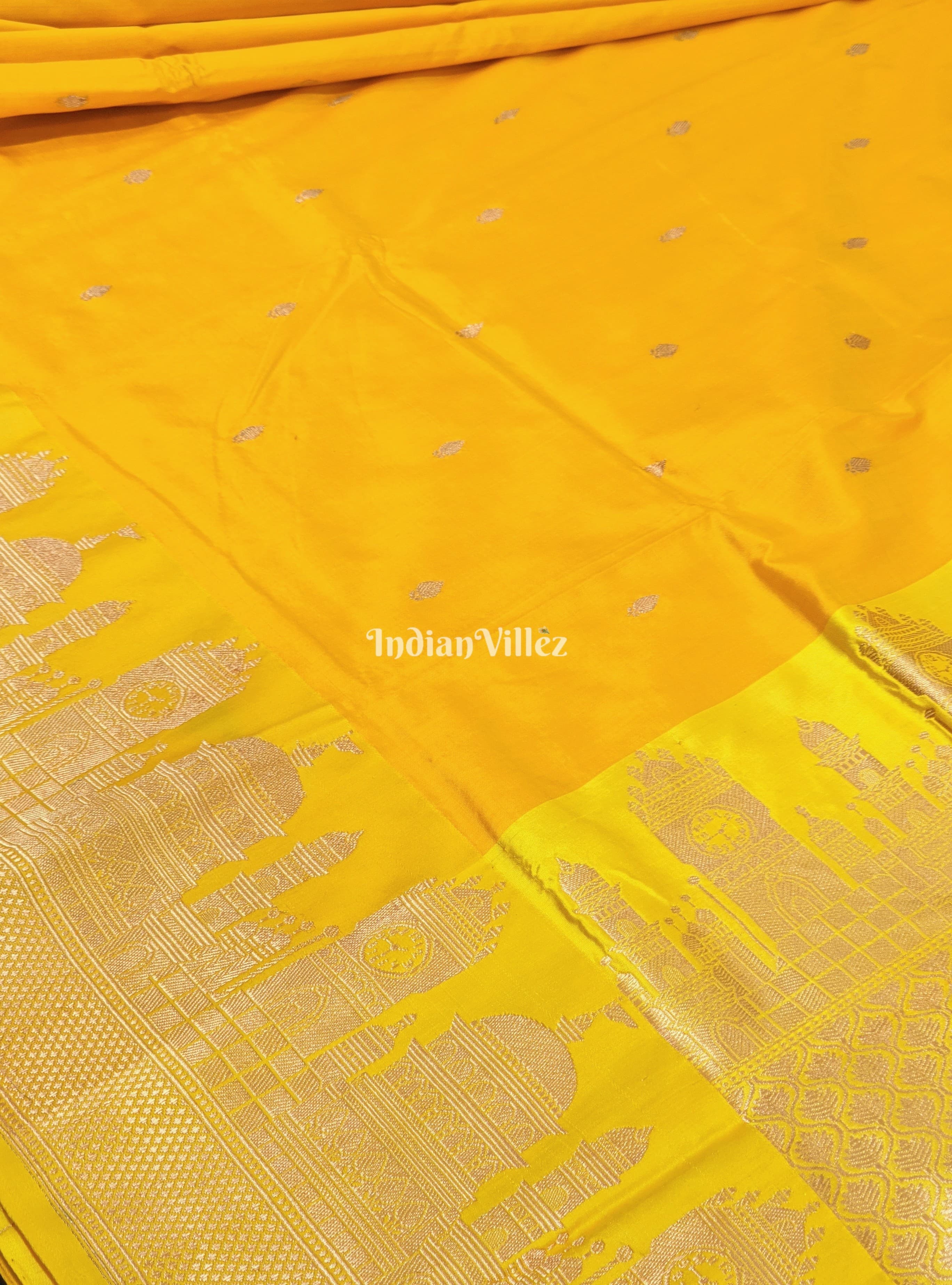 Yellow Banarasi Katan Silk Saree Inspired by Big Ben, London & United States Capitol, Washington DC