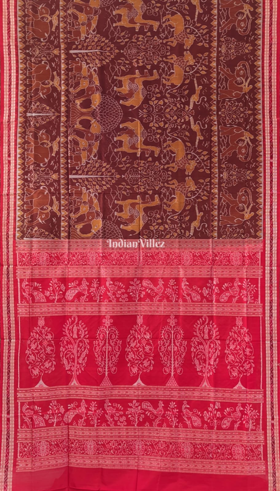 Russet & Red Animal Theme Sambalpuri Ikat Silk Saree