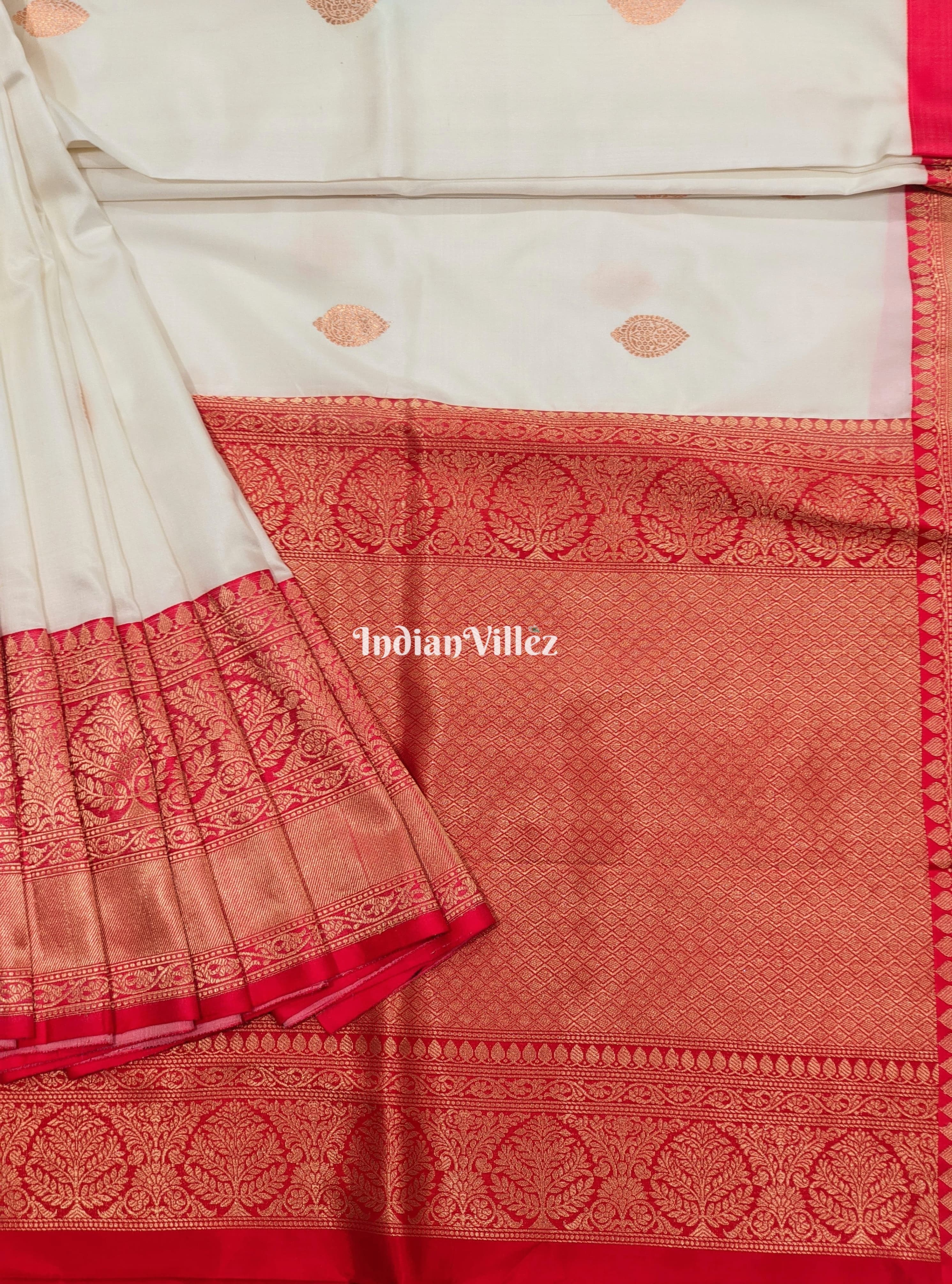 White Red Banarasi Katan Silk Saree