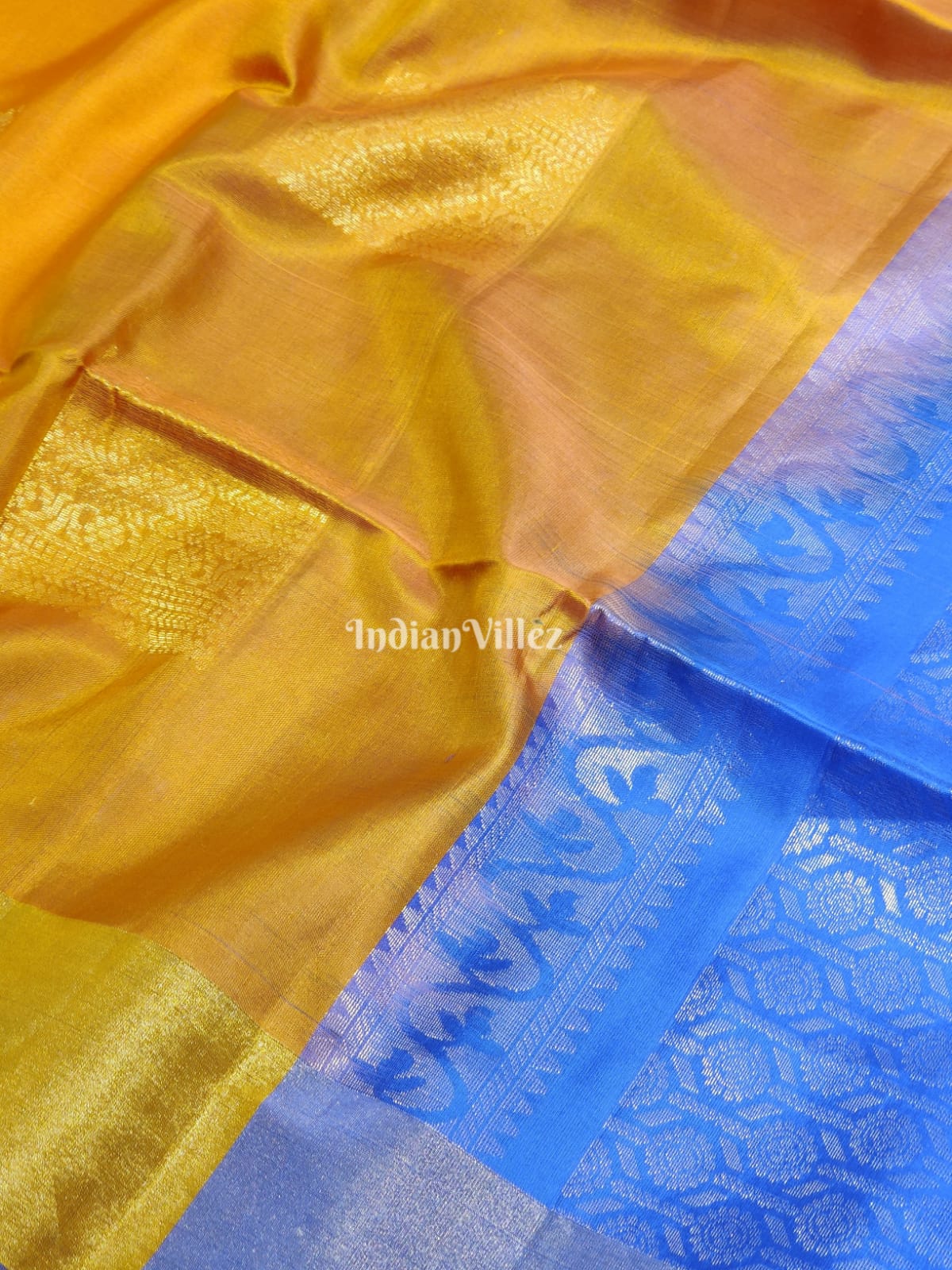 Mustard Yellow Blue Handloom Kanjivaram Soft Silk Saree