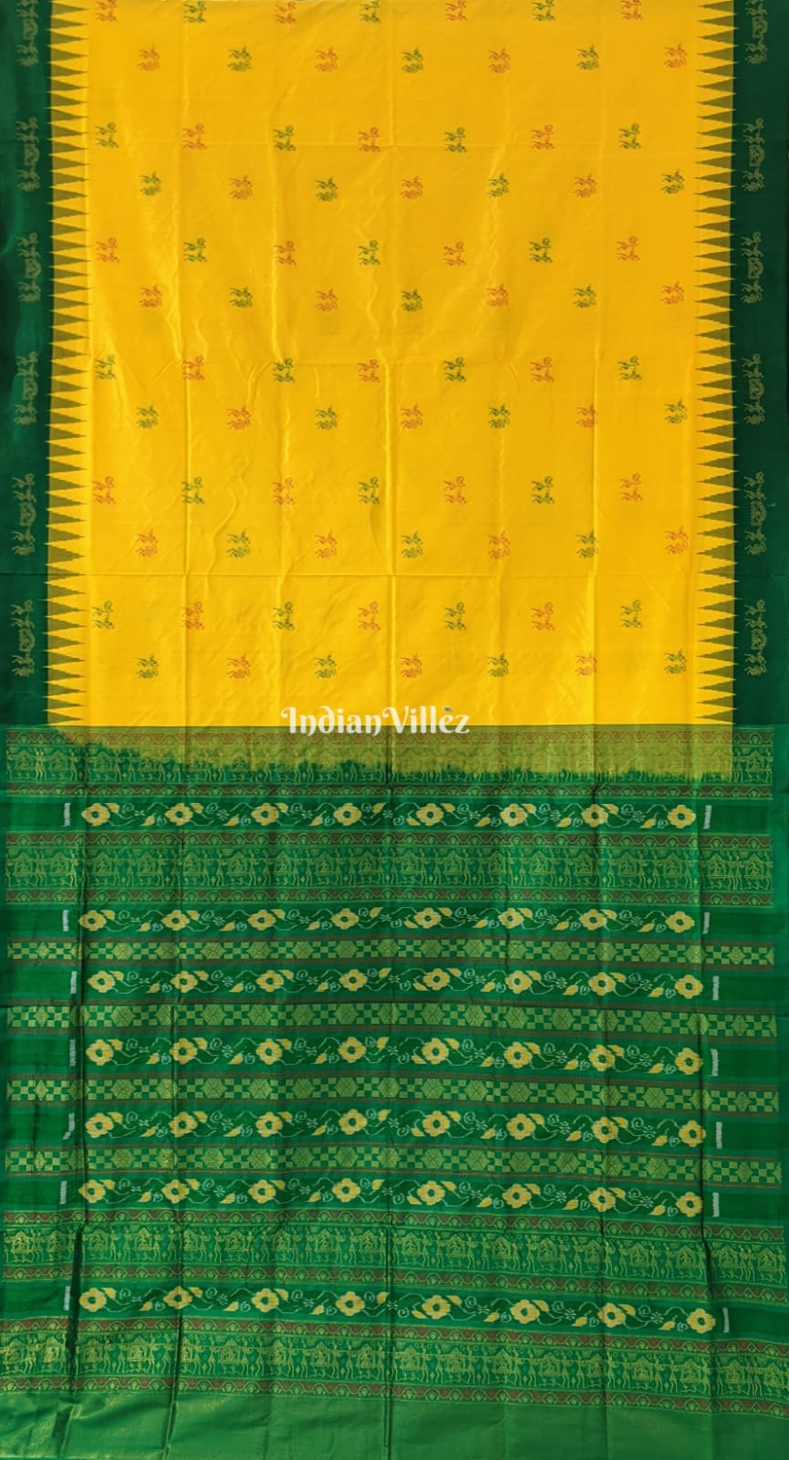 Yellow Green Bomkai Sambalpuri Ikat Silk Saree with Tissue Work