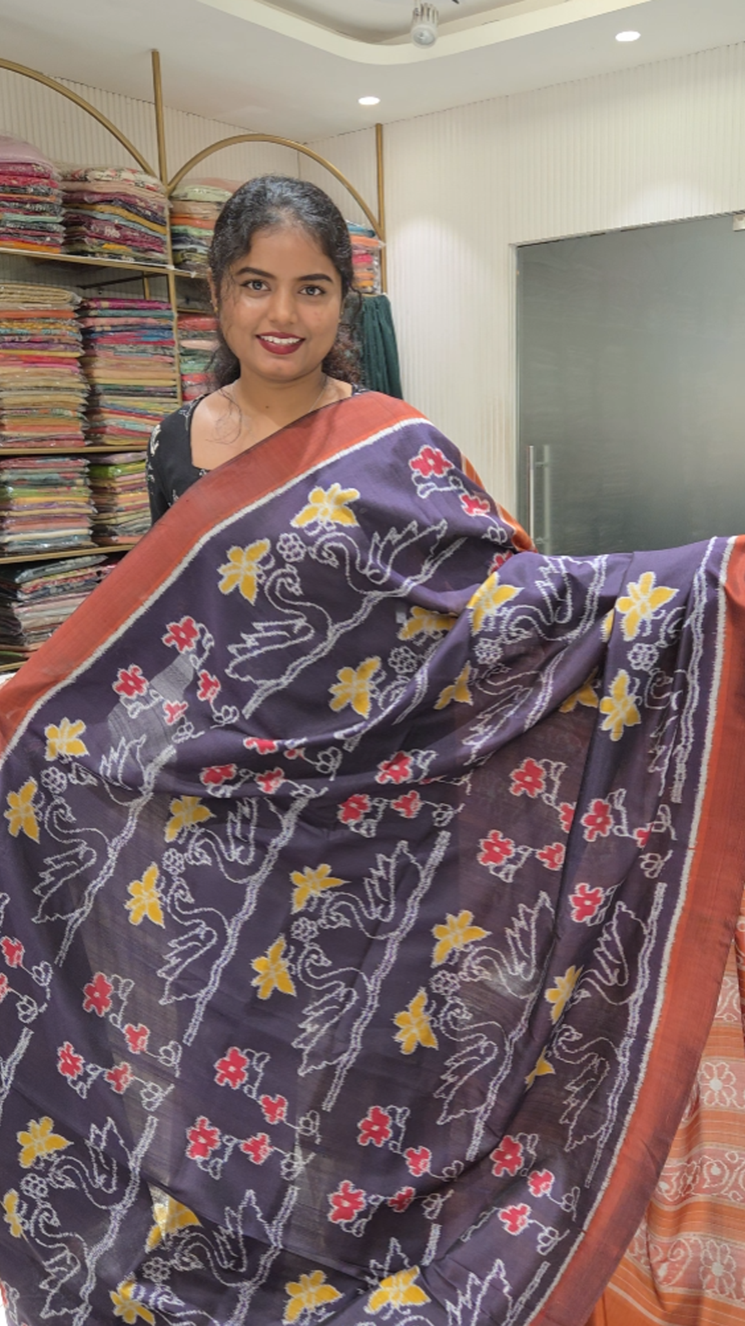 Midnight Blue Swan Floral Contemporary Designer Ikat Silk Saree