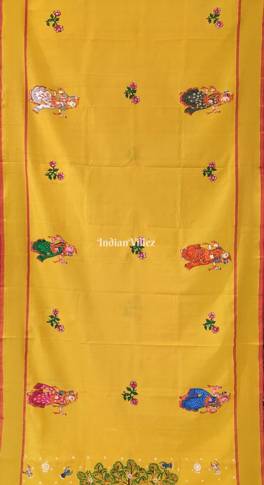 Yellow Raja Theme Pattachitra on South Silk Saree