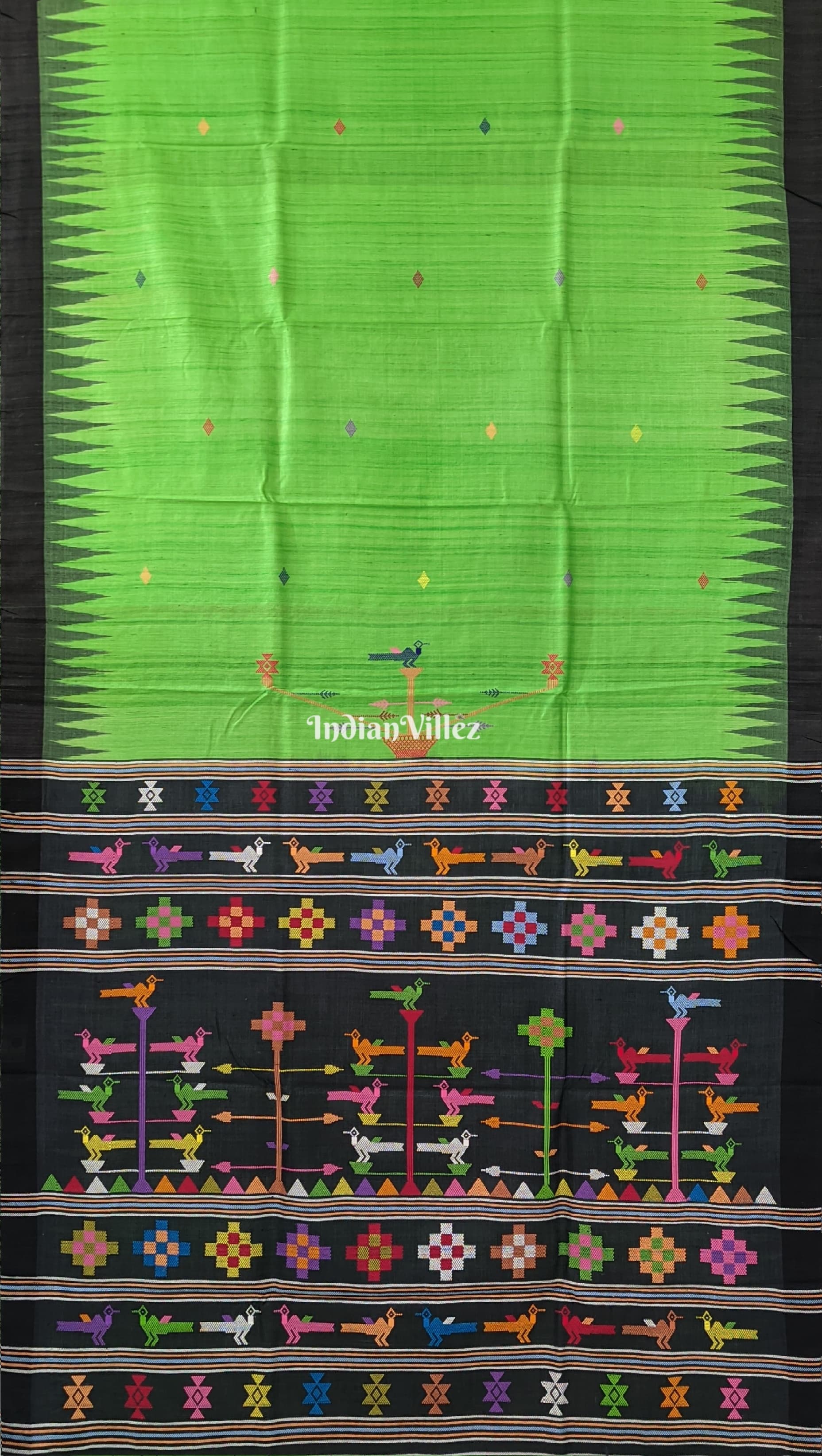 Parrot Green Ganjam Bomkai Theme Gopalpur Tussar Silk Saree