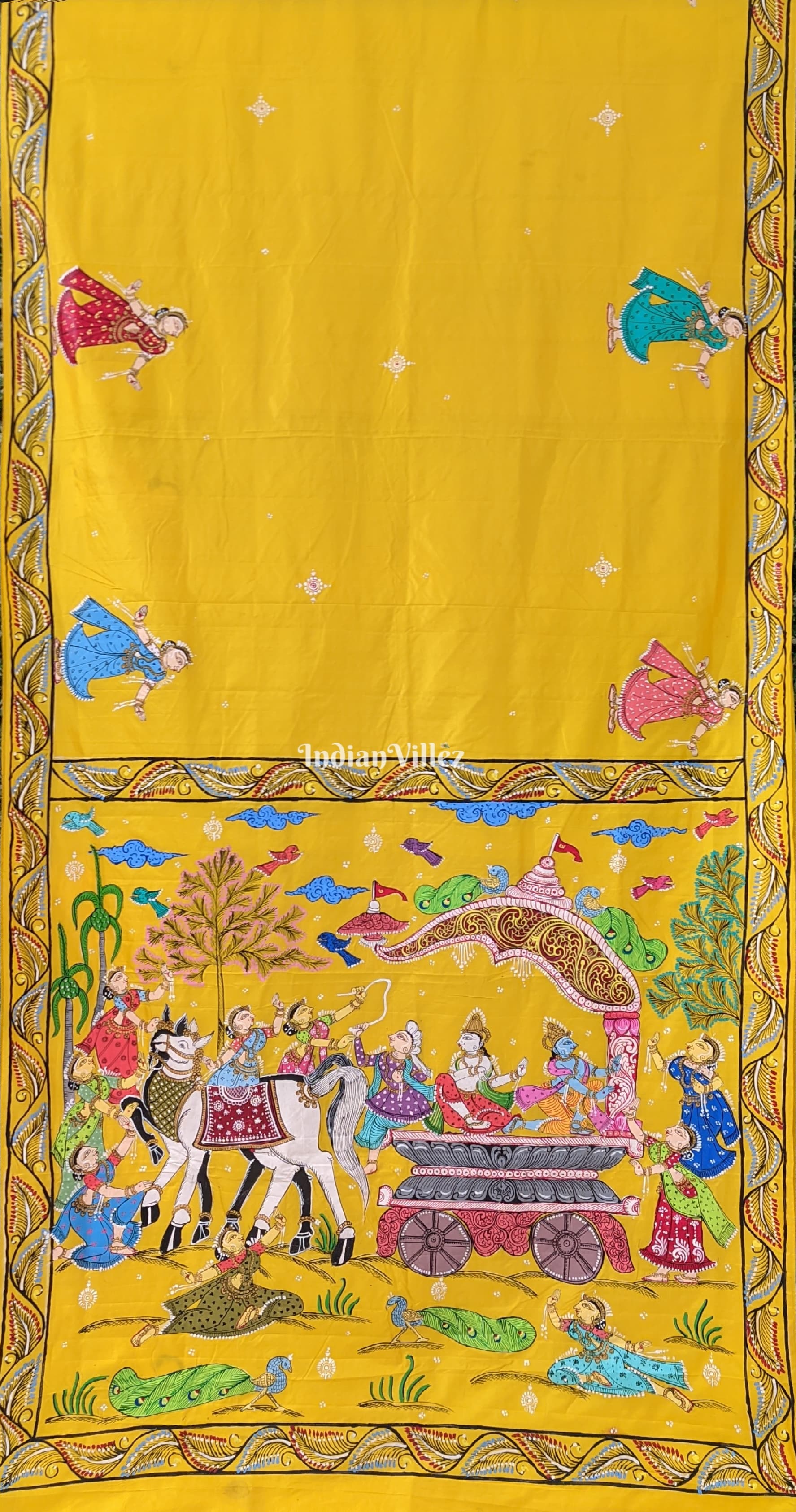Yellow Mathura Vijay Pattachitra on Mulberry Silk Saree