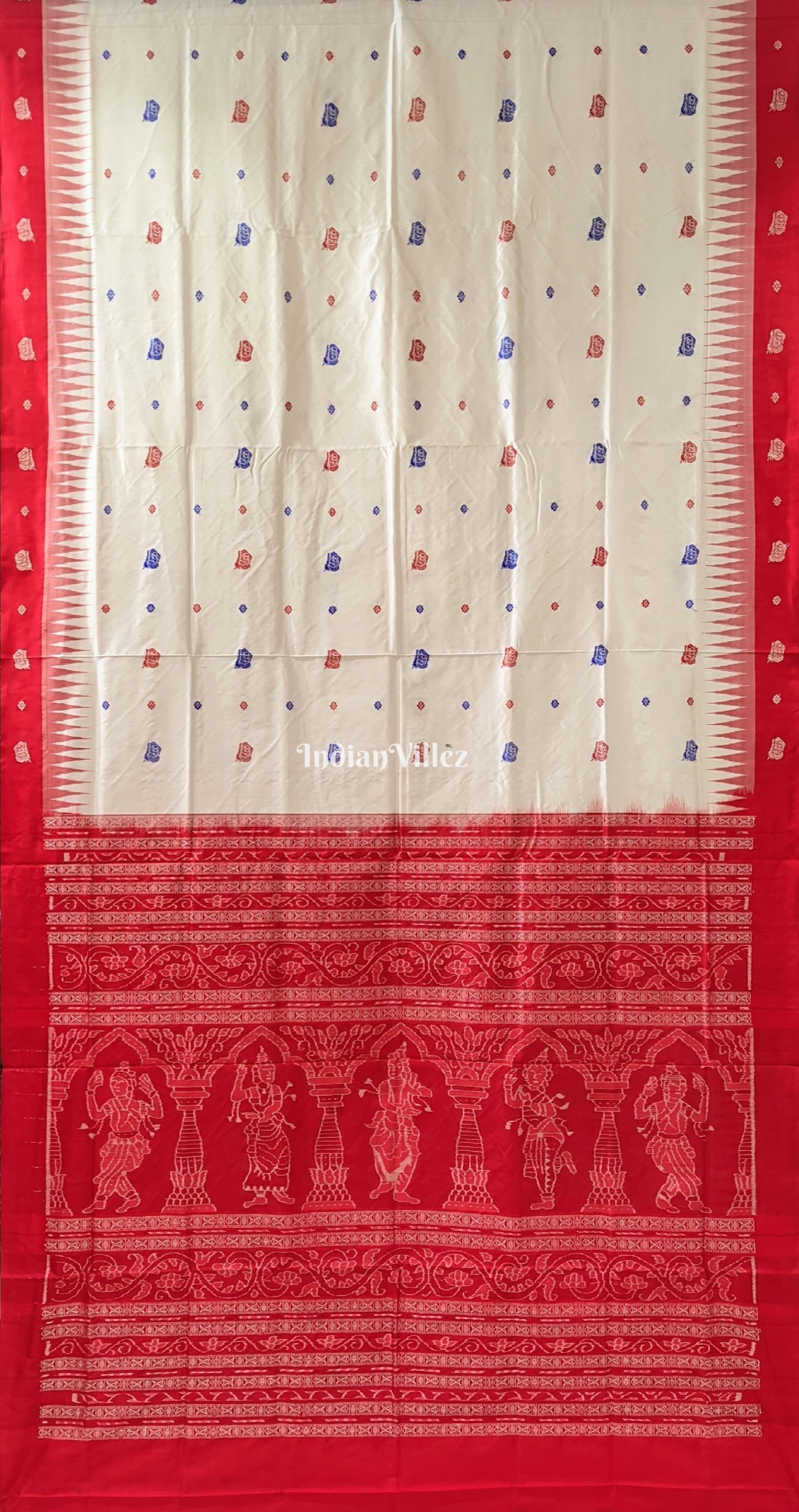 White Red Sambalpuri Bomkai Silk Saree with Nartaki Anchal