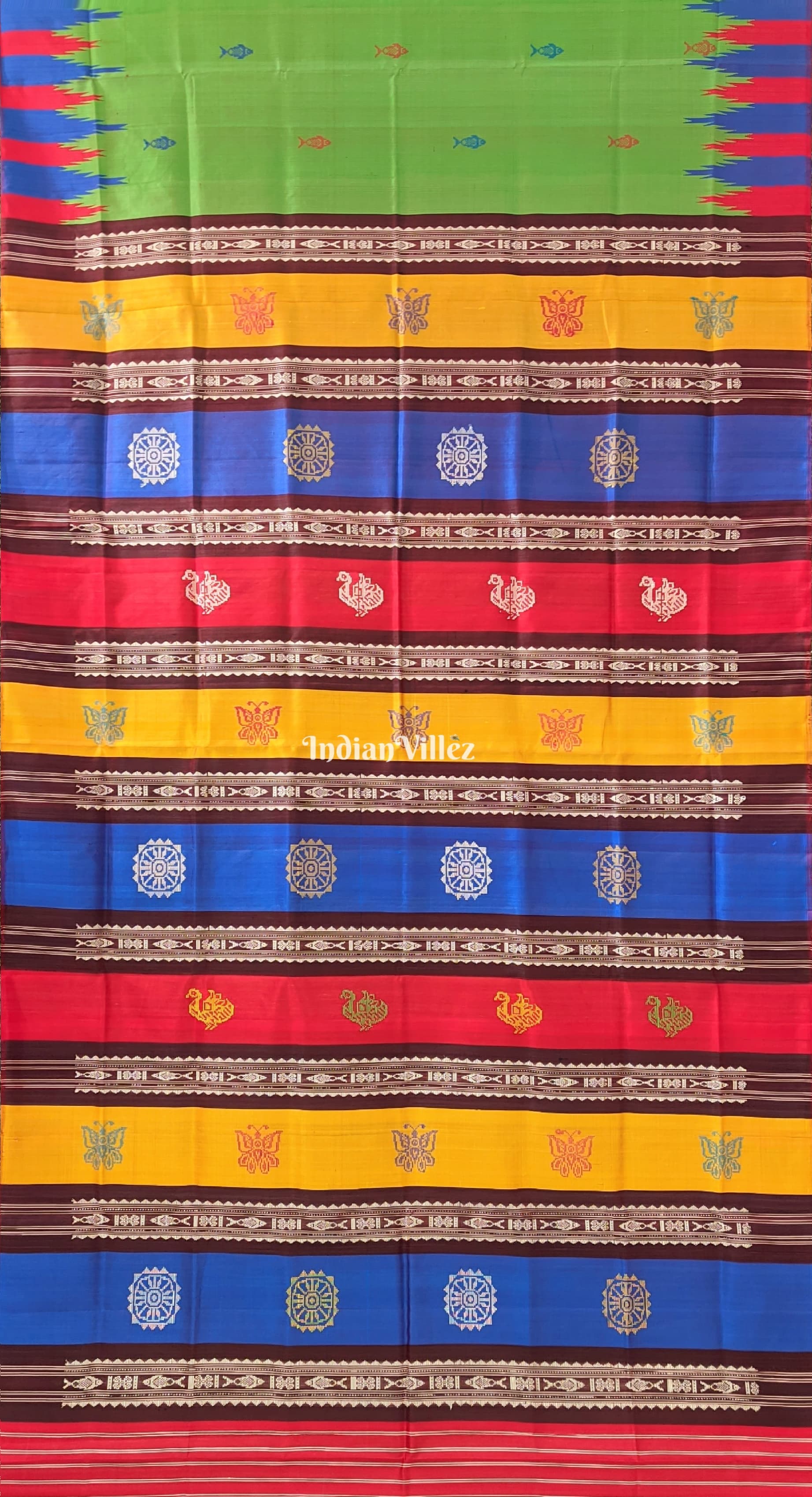 Green Fish Motif Double Pallu Berhampuri Silk Saree