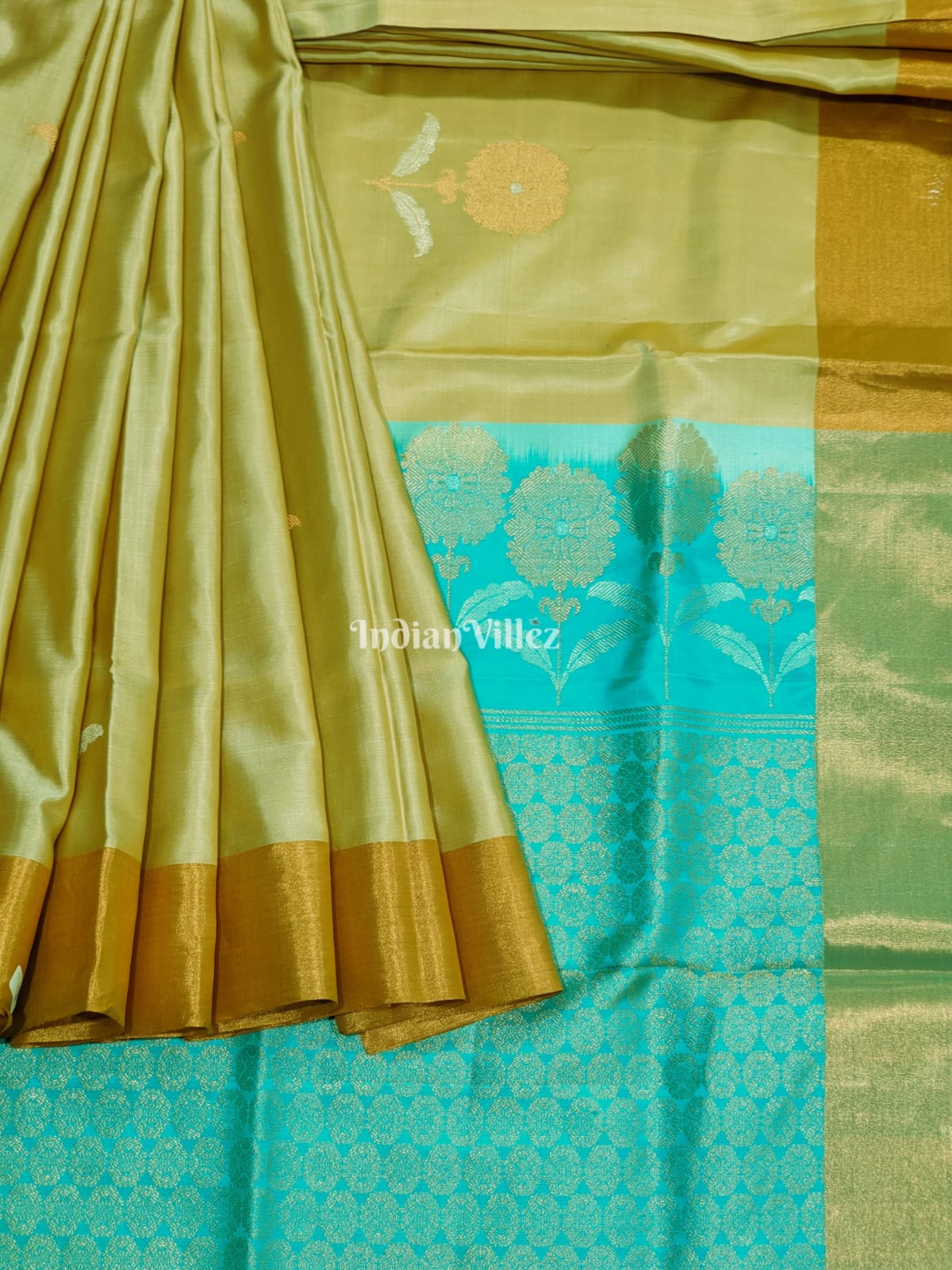 Sea Green with Chandan Color Kanjivaram Soft Silk Saree