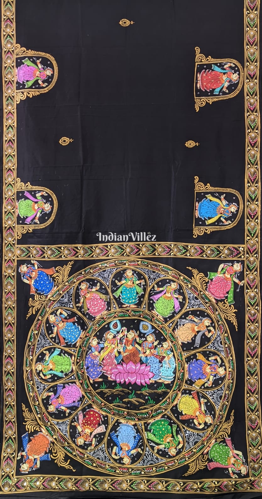 Black Chandua Theme Pattachitra Art Silk Saree