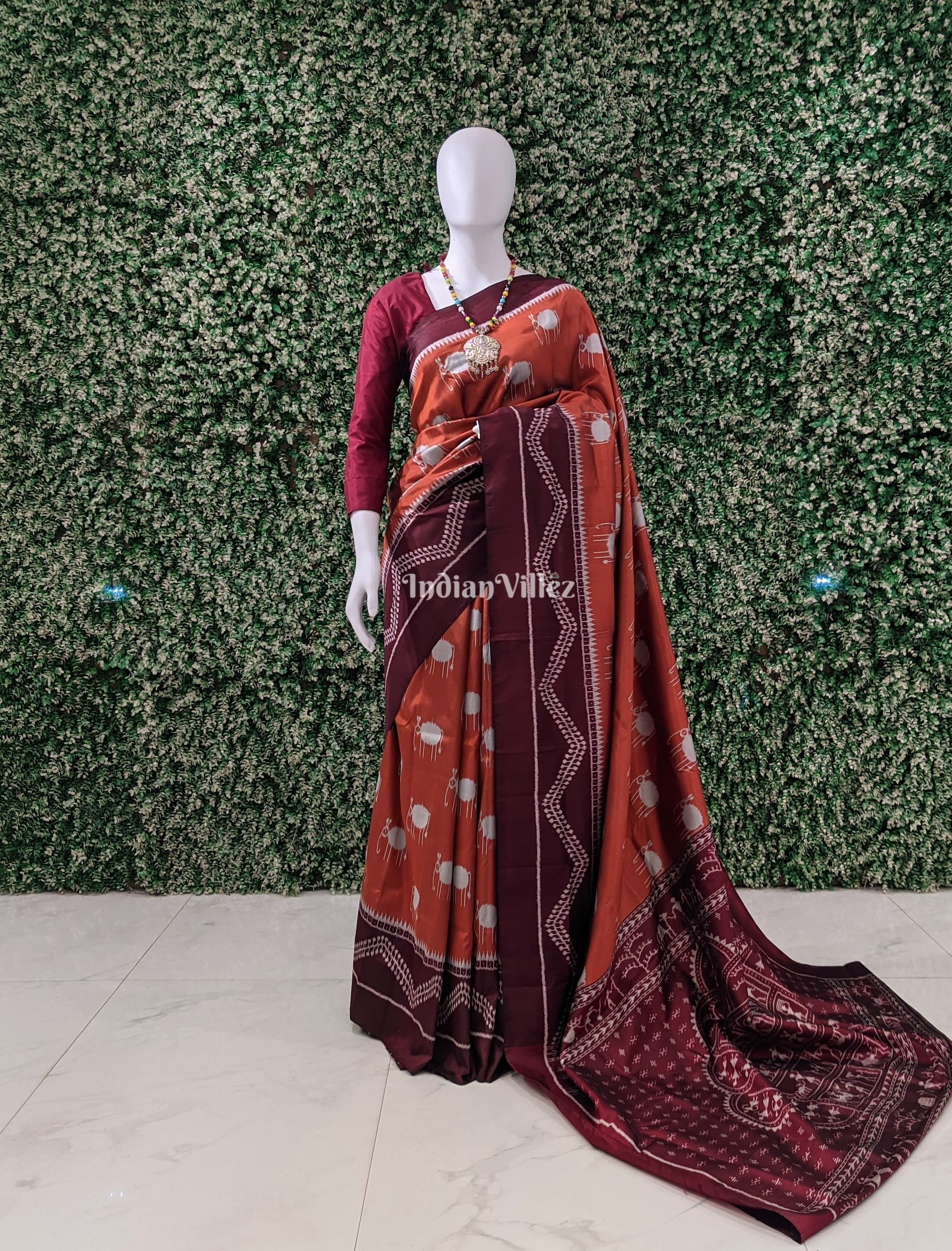 Brown Maroon Small Elephant Designer Contemporary Silk Saree with Tribal Anchal