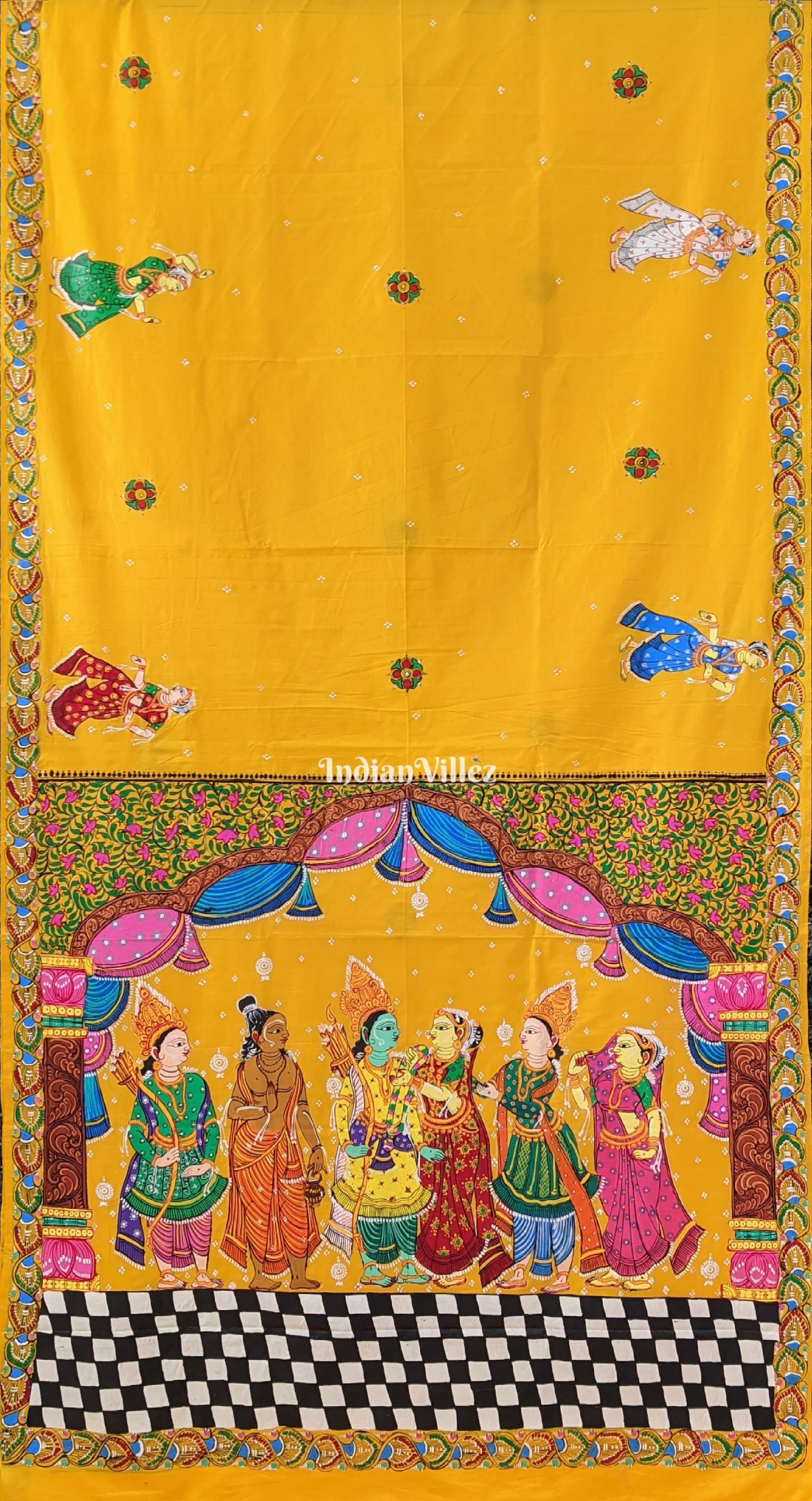 Yellow Ram Sita Vivah Theme Pattachitra Silk Saree