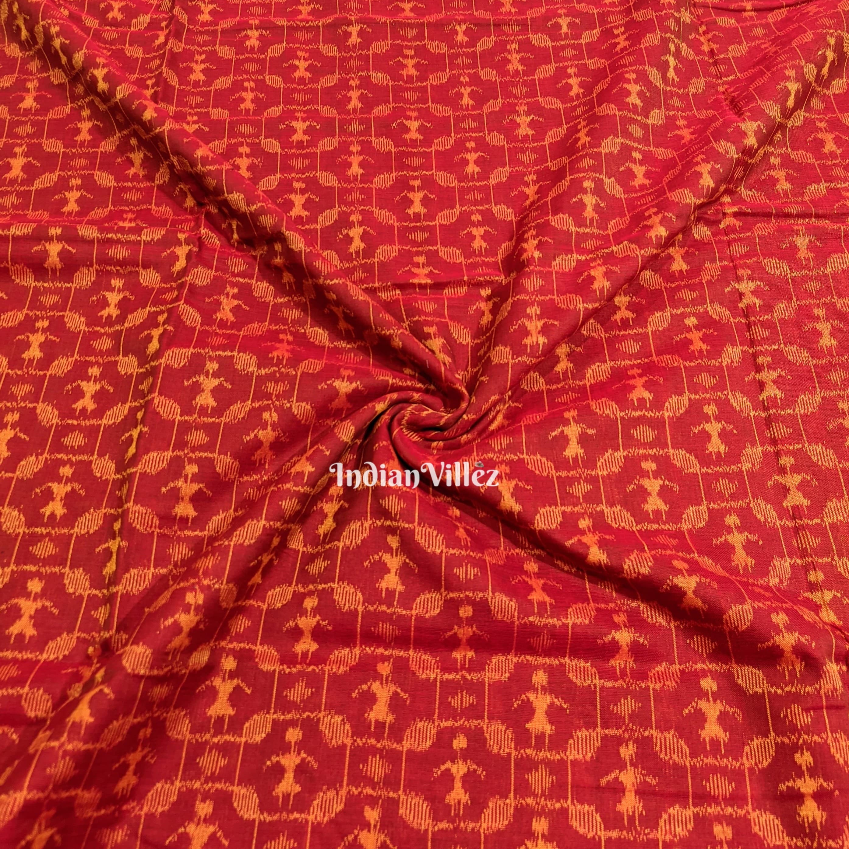 Reddish Orange Tribal Sambalpuri Ikat Cotton Fabric
