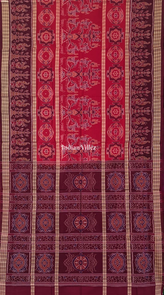 Red Odisha Ikat Sambalpuri Cotton Saree with Fish Line Motif & Border